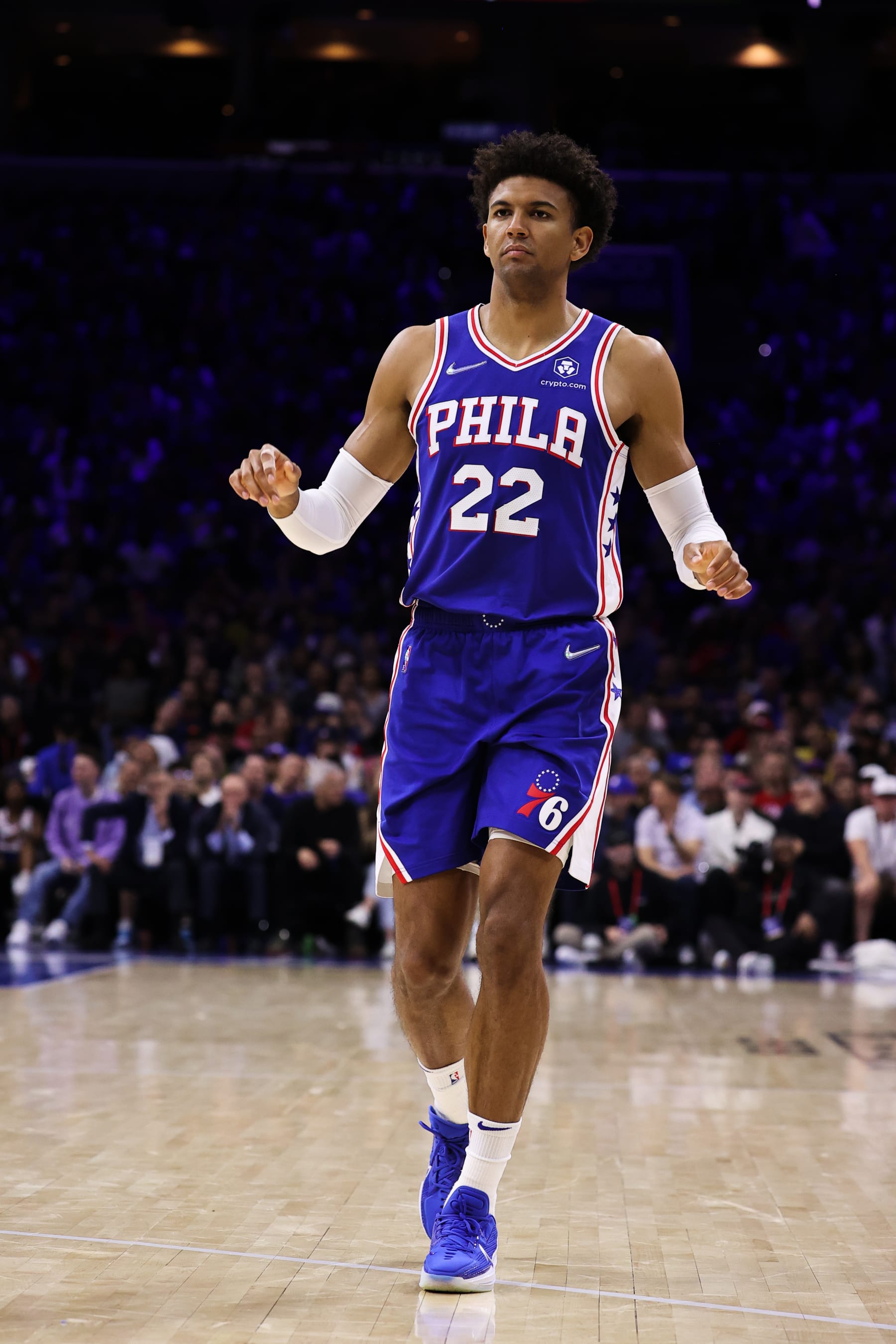 PHILADELPHIA, PA, USA - MAY 12: Matisse Thybulle of Philadelphia 76ers in action during NBA semifinals between Philadelphia 76ers and Miami Heat at the Wells Fargo Center in Philadelphia, Pennsylvania, United States on May 12, 2022. (Photo by Tayfun Coskun/Anadolu Agency via Getty Images)