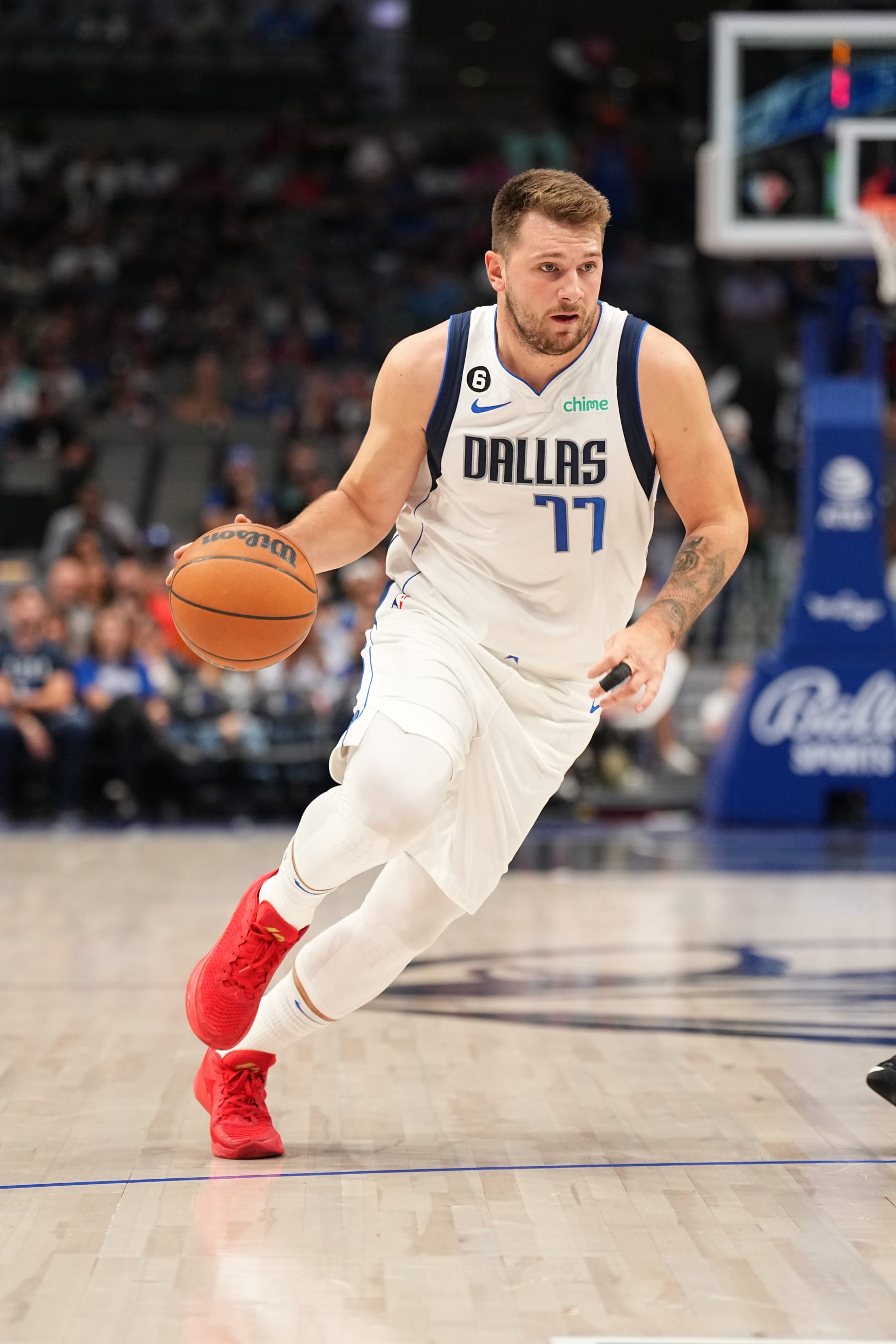 DALLAS, TX - OCTOBER 7: Luka Doncic #77 of the Dallas Mavericks dribbles the ball against the Orlando Magic during a preseason game on October 7, 2022 at the American Airlines Center in Dallas, Texas. NOTE TO USER: User expressly acknowledges and agrees that, by downloading and or using this photograph, User is consenting to the terms and conditions of the Getty Images License Agreement. Mandatory Copyright Notice: Copyright 2022 NBAE (Photo by Glenn James/NBAE via Getty Images)