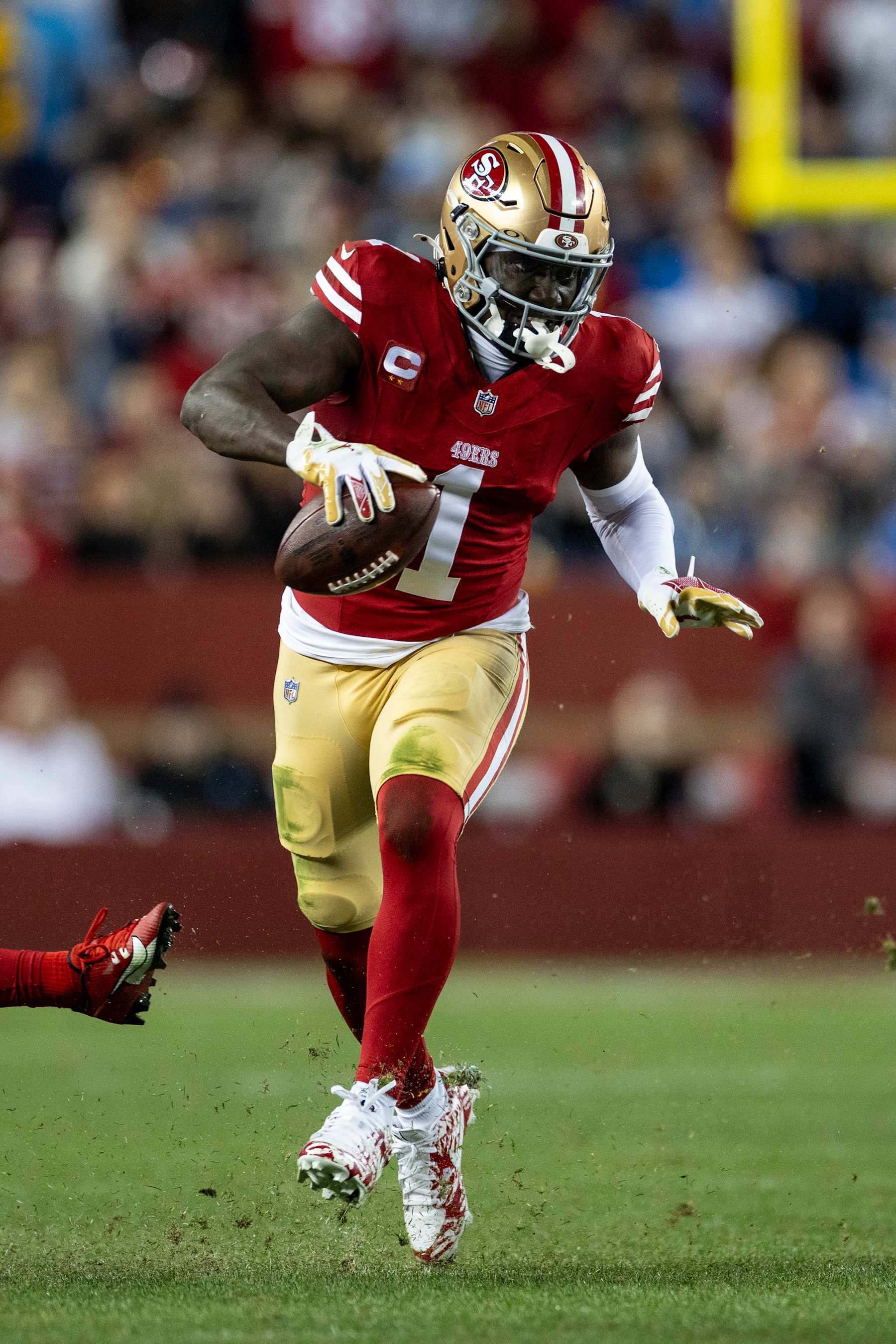 SANTA CLARA, CALIFORNIA - DECEMBER 30: Deebo Samuel Sr. #1 of the San Francisco 49ers runs with the ball during an NFL Football game against the Detroit Lions at Levi's Stadium on December 30, 2024 in Santa Clara, California. (Photo by Michael Owens/Getty Images)