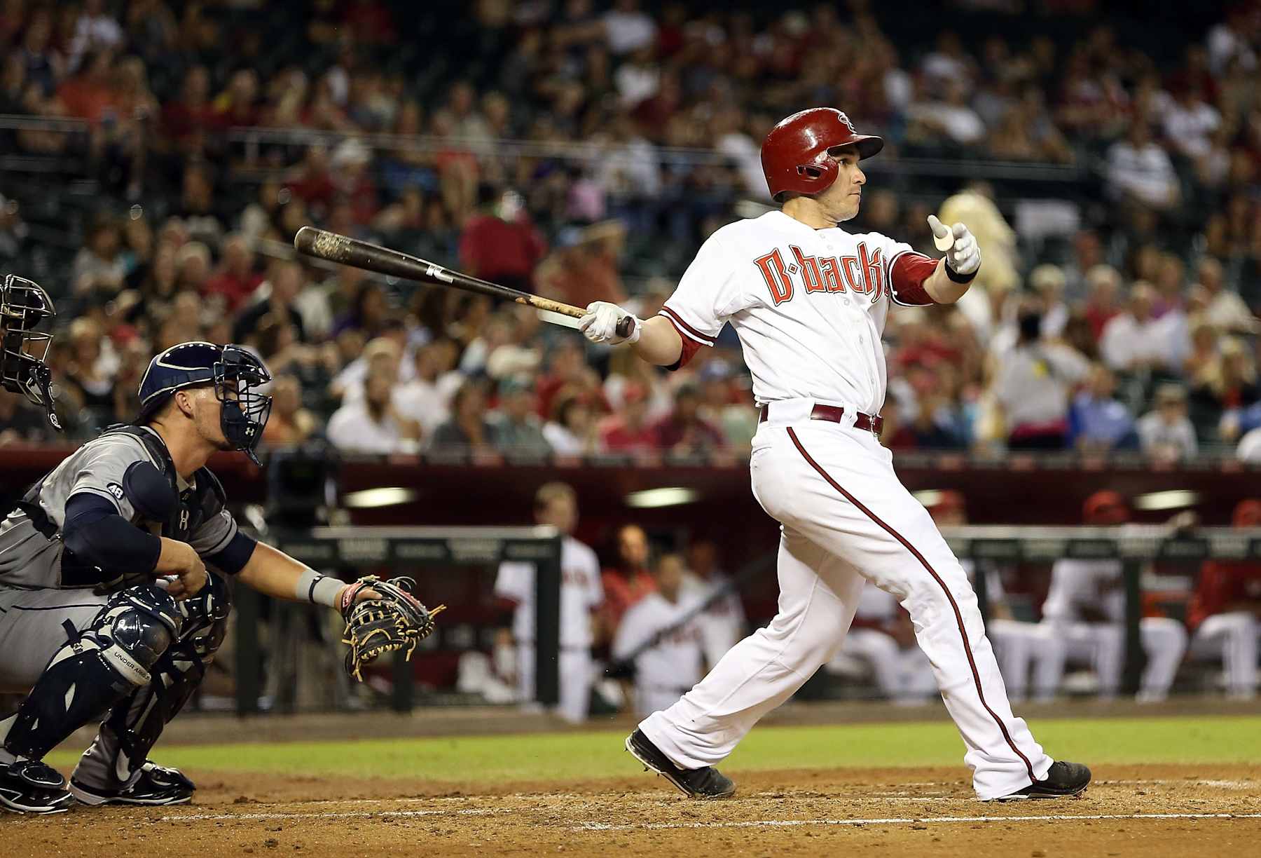 PHOENIX, AZ - SEPTEMBER 18:  Miguel Montero #26 of the Arizona Diamondbacks hits a RBI double against the San Diego Padres during the first inning of the MLB game at Chase Field on September 18, 2012 in Phoenix, Arizona.  (Photo by Christian Petersen/Getty Images)