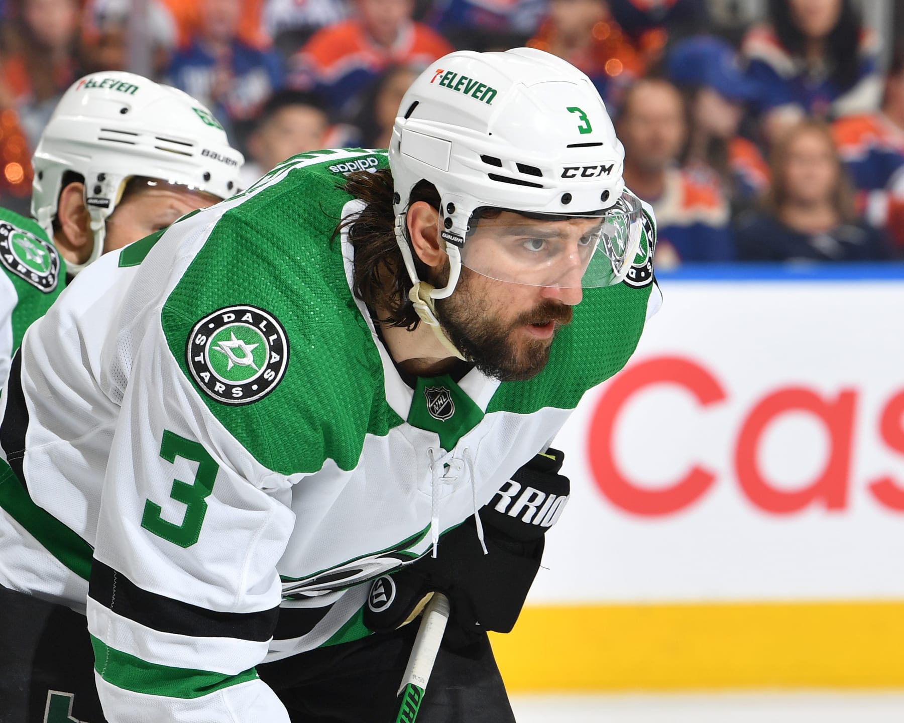 EDMONTON, CANADA - MAY 29: Chris Tanev #3 of the Dallas Stars awaits a face-off during Game Four of the Western Conference Final of the 2024 Stanley Cup Playoffs against the Edmonton Oilers at Rogers Place on May 29, 2024, in Edmonton, Alberta, Canada. (Photo by Andy Devlin/NHLI via Getty Images)