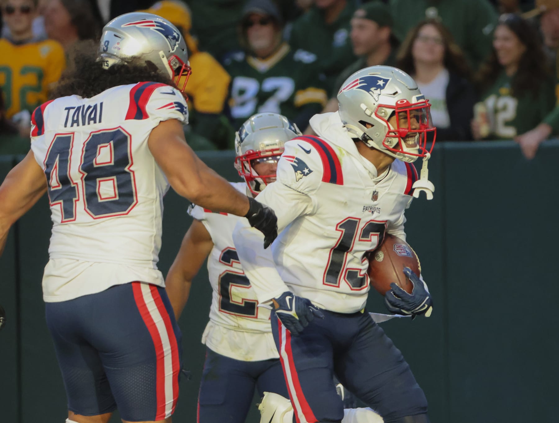 Green Bay, WI - October 2: New England Patriots CB Jack Jones celebrates his interception for a touchdown. The Patriots lost to the Green Bay Packers, 27-24, in overtime. (Photo by Matthew J. Lee/The Boston Globe via Getty Images)