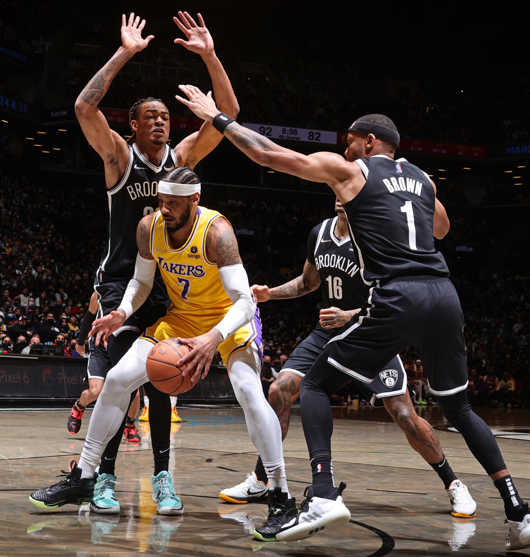 BROOKLYN, NY - JANUARY 25: Carmelo Anthony #7 of the Los Angeles Lakers dribbles the ball during the game against the Brooklyn Nets on January 25, 2022 at Barclays Center in Brooklyn, New York. NOTE TO USER: User expressly acknowledges and agrees that, by downloading and or using this Photograph, user is consenting to the terms and conditions of the Getty Images License Agreement. Mandatory Copyright Notice: Copyright 2022 NBAE (Photo by Nathaniel S. Butler/NBAE via Getty Images)