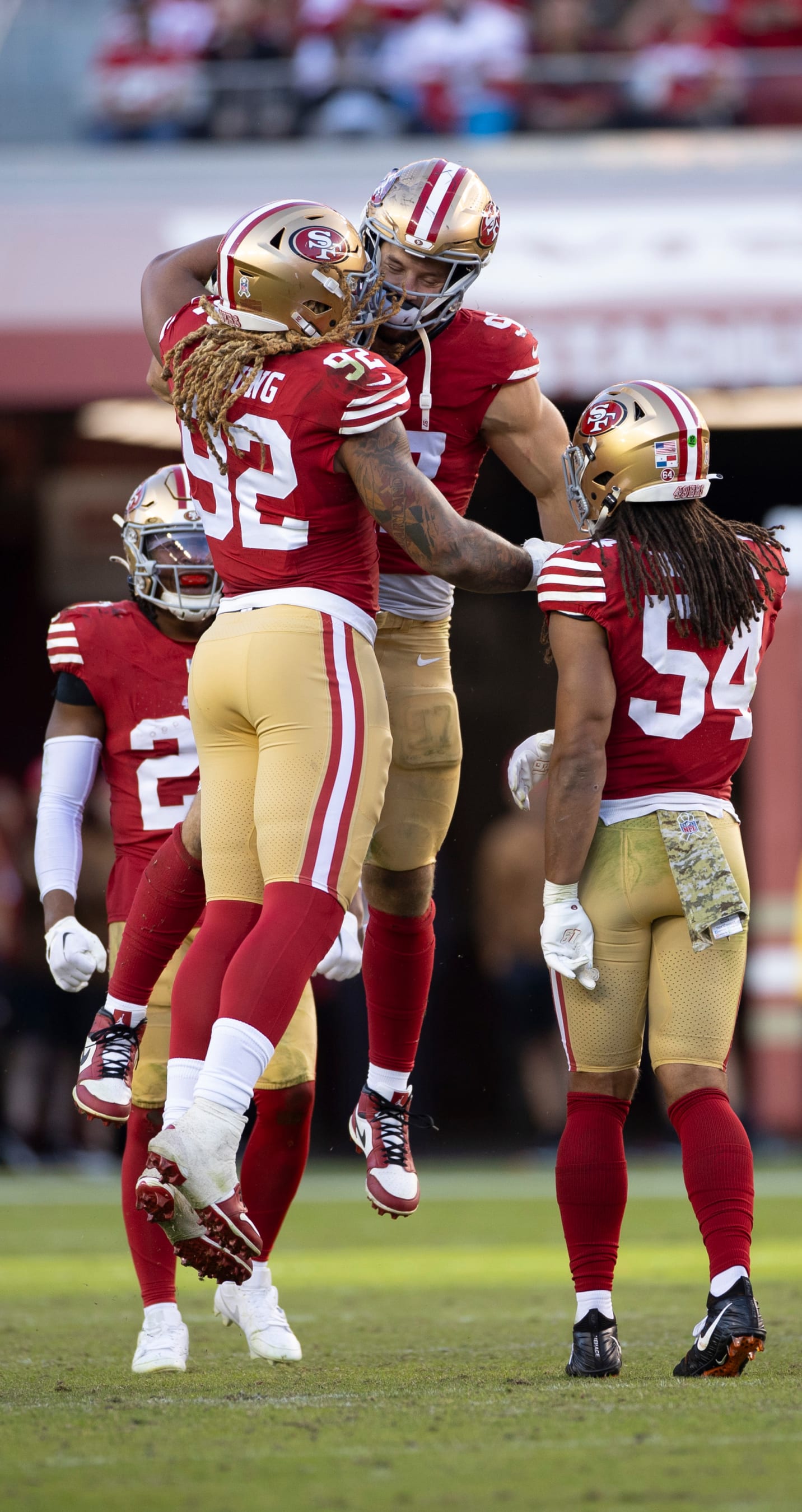SANTA CLARA, CA - NOVEMBER 19: Chase Young #92 and Nick Bosa #97 of the San Francisco 49ers celebrate after a sack during the game against the Tampa Bay Buccaneers at Levi's Stadium on November 19, 2023 in Santa Clara, California. The 49ers defeated the Buccaneers 27-14. (Photo by Michael Zagaris/San Francisco 49ers/Getty Images)