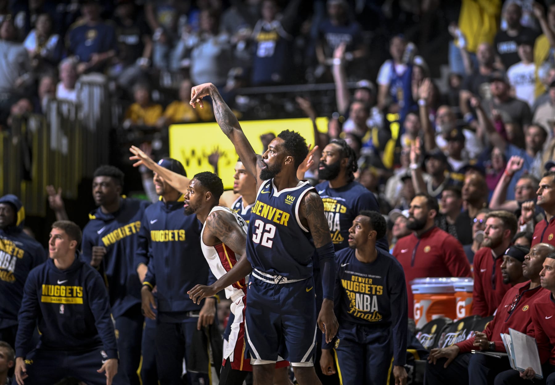 DENVER, CO - JUNE 4: Jeff Green (32) of the Denver Nuggets holds his form as he makes a three against the Miami Heat in the second quarter during Game 2 of the NBA Finals at Ball Arena in Denver on Sunday, June 4, 2023. (Photo by AAron Ontiveroz/The Denver Post)