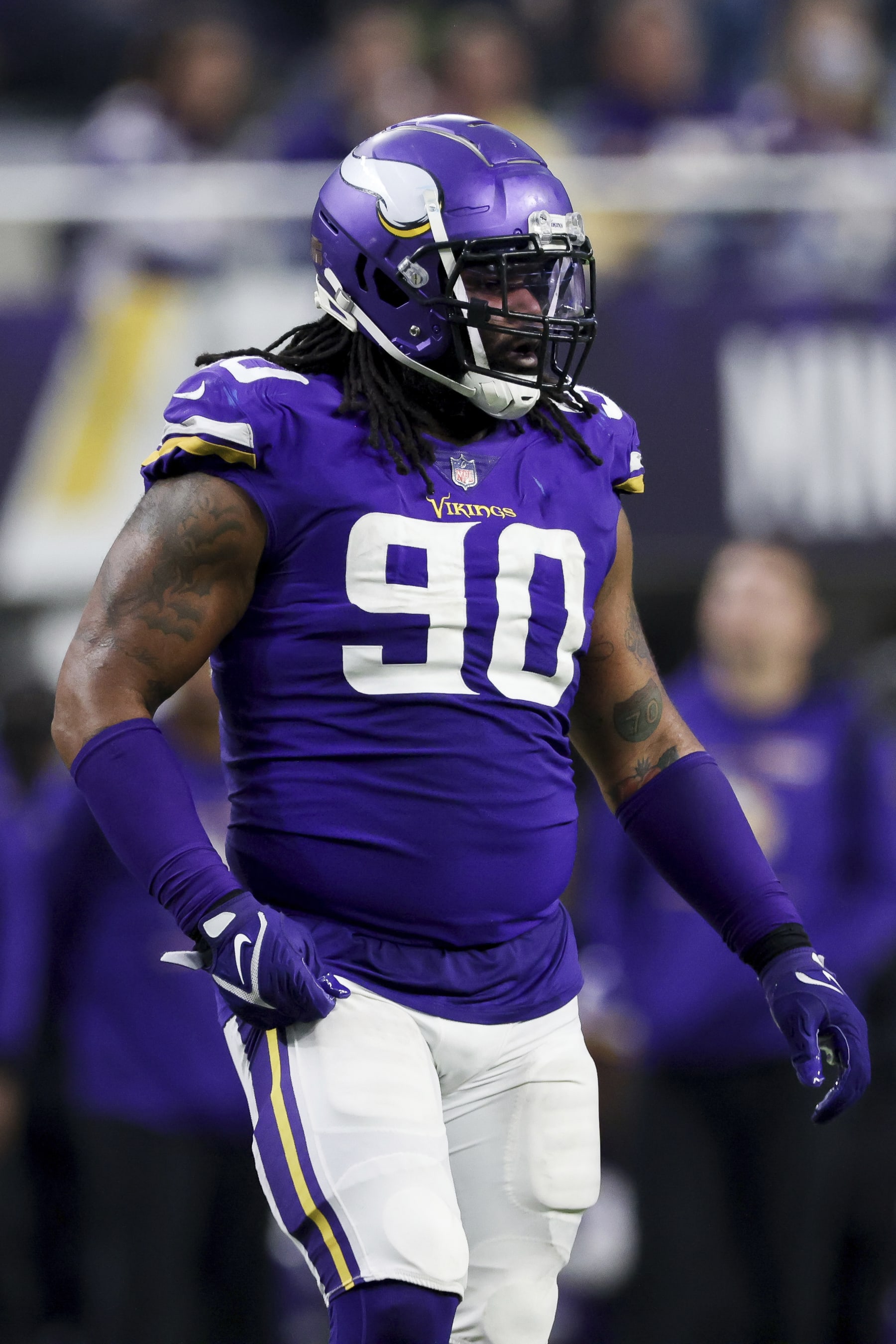 Minnesota Vikings defensive tackle Sheldon Richardson (90) during the second half of an NFL football game against the Los Angeles Rams, Sunday, Dec. 26, 2021 in Minneapolis. Los Angeles won 30-23. (AP Photo/Stacy Bengs)