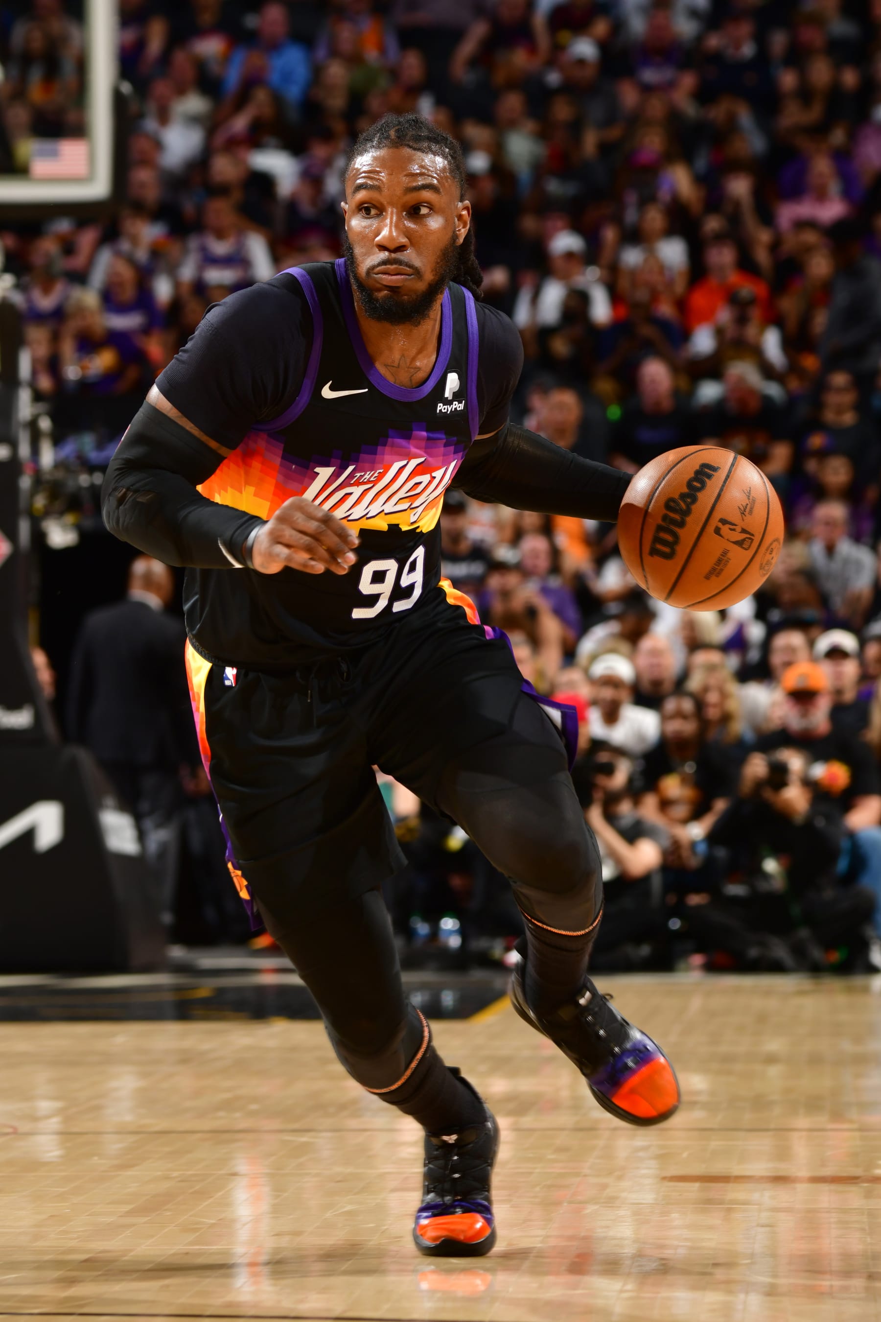 PHOENIX, AZ - MAY 10: Jae Crowder #99 of the Phoenix Suns drives to the basket against the Dallas Mavericks during Game 5 of the 2022 NBA Playoffs Western Conference Semifinals on May 10, 2022 at Footprint Center in Phoenix, Arizona. NOTE TO USER: User expressly acknowledges and agrees that, by downloading and or using this photograph, user is consenting to the terms and conditions of the Getty Images License Agreement. Mandatory Copyright Notice: Copyright 2022 NBAE (Photo by Barry Gossage/NBAE via Getty Images)