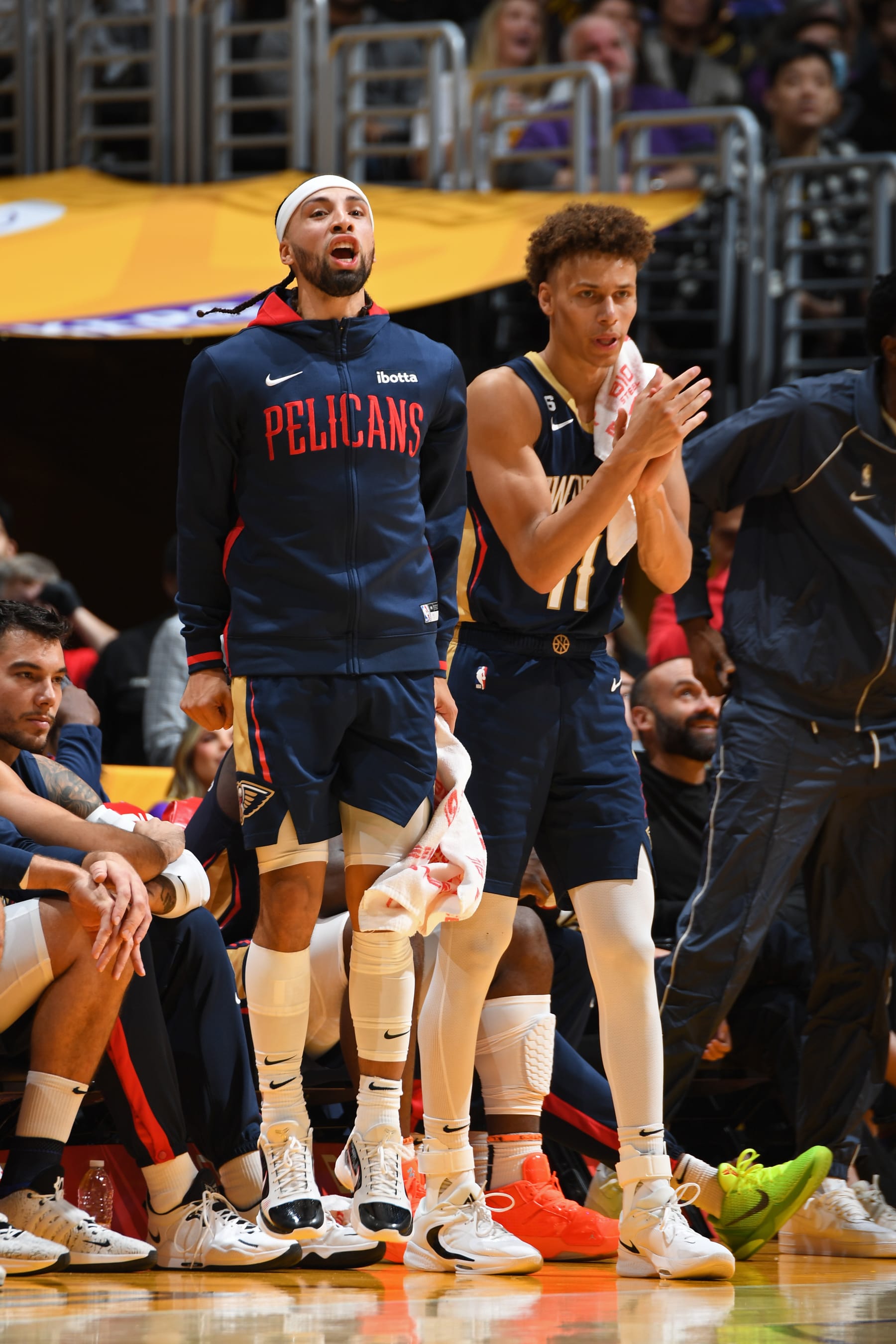 LOS ANGELES, CA - NOVEMBER 2: Jose Alvarado #15 and Dyson Daniels #11 of the New Orleans Pelicans celebrate against the Los Angeles Lakers on November 2, 2022 at Crypto.Com Arena in Los Angeles, California. NOTE TO USER: User expressly acknowledges and agrees that, by downloading and/or using this Photograph, user is consenting to the terms and conditions of the Getty Images License Agreement. Mandatory Copyright Notice: Copyright 2022 NBAE (Photo by Andrew D. Bernstein/NBAE via Getty Images)