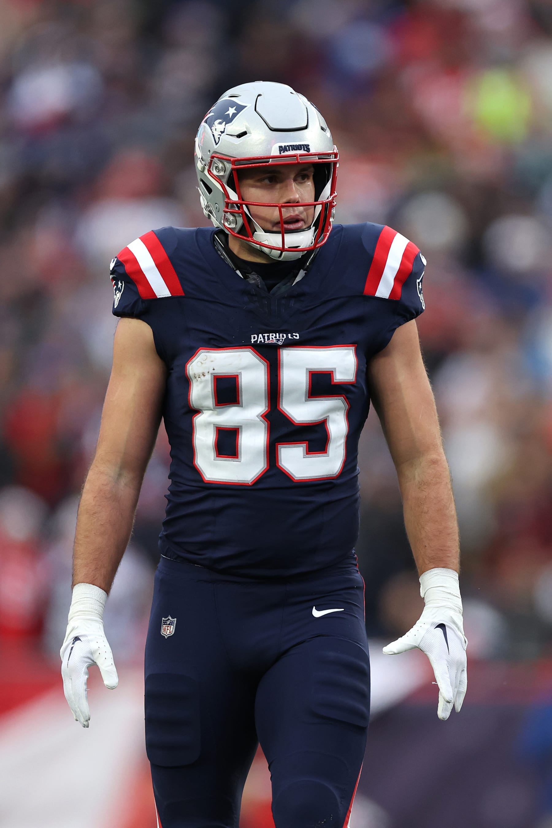 FOXBOROUGH, MASSACHUSETTS - DECEMBER 17: Hunter Henry #85 of the New England Patriots looks on during the game against the Kansas City Chiefs  at Gillette Stadium on December 17, 2023 in Foxborough, Massachusetts. (Photo by Maddie Meyer/Getty Images)
