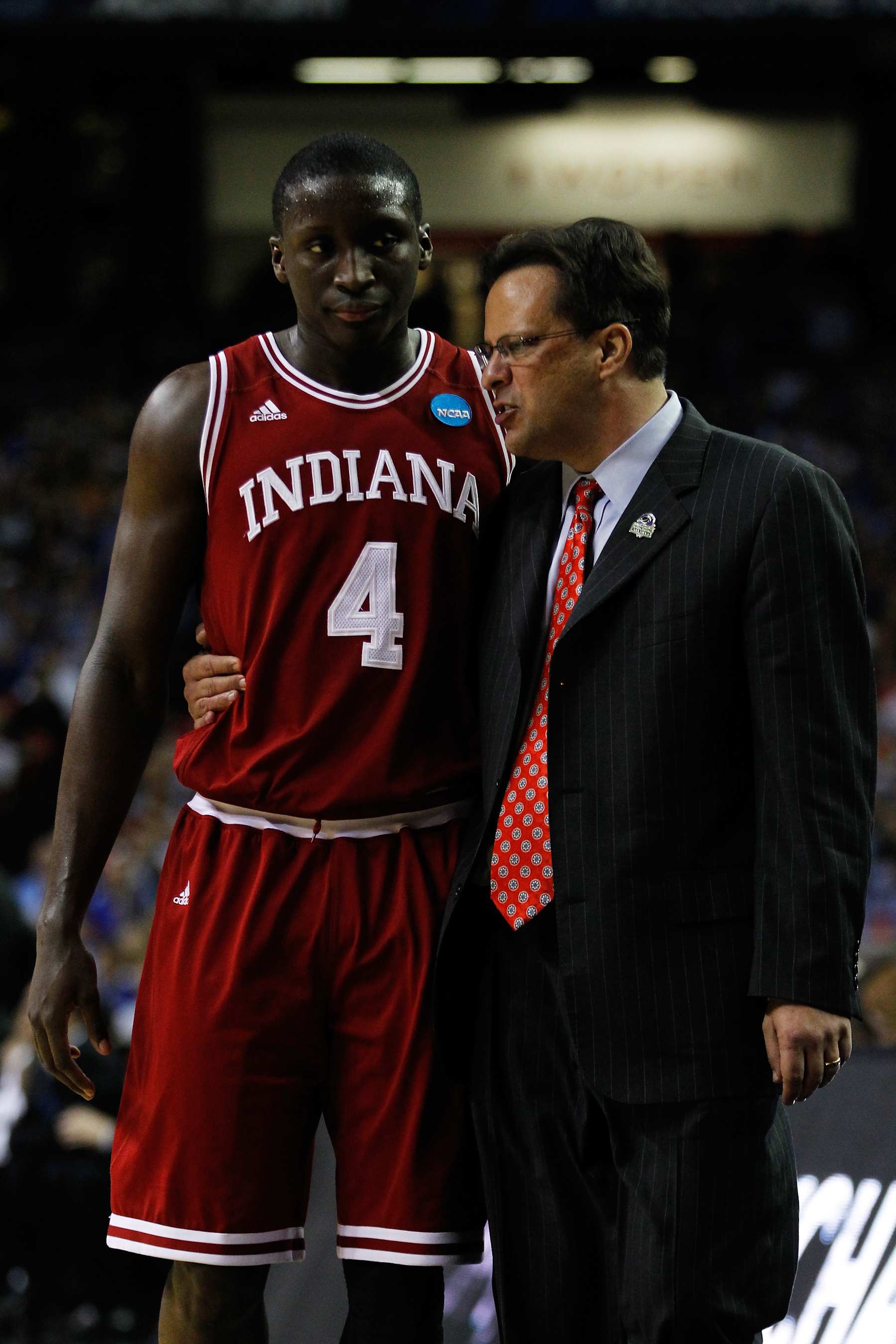 ATLANTA, GA - MARCH 23:  Head coach Tom Crean of the Indiana Hoosiers talks to Victor Oladipo #4 in the second half against the Kentucky Wildcats during the 2012 NCAA Men's Basketball South Regional Semifinal game at the Georgia Dome on March 23, 2012 in Atlanta, Georgia.  (Photo by Streeter Lecka/Getty Images) 