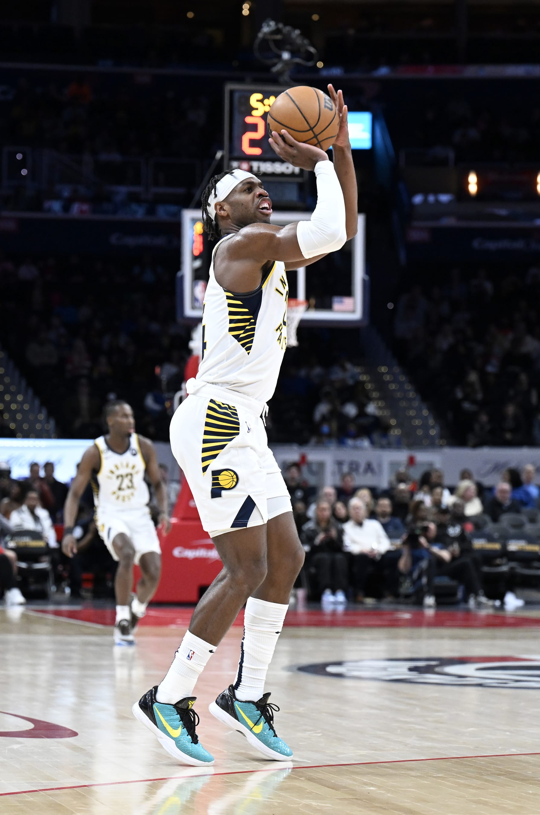 WASHINGTON, DC - FEBRUARY 11: Buddy Hield #24 of the Indiana Pacers shoots the ball against the Washington Wizards at Capital One Arena on February 11, 2023 in Washington, DC.  NOTE TO USER: User expressly acknowledges and agrees that, by downloading and or using this photograph, User is consenting to the terms and conditions of the Getty Images License Agreement.  (Photo by G Fiume/Getty Images)