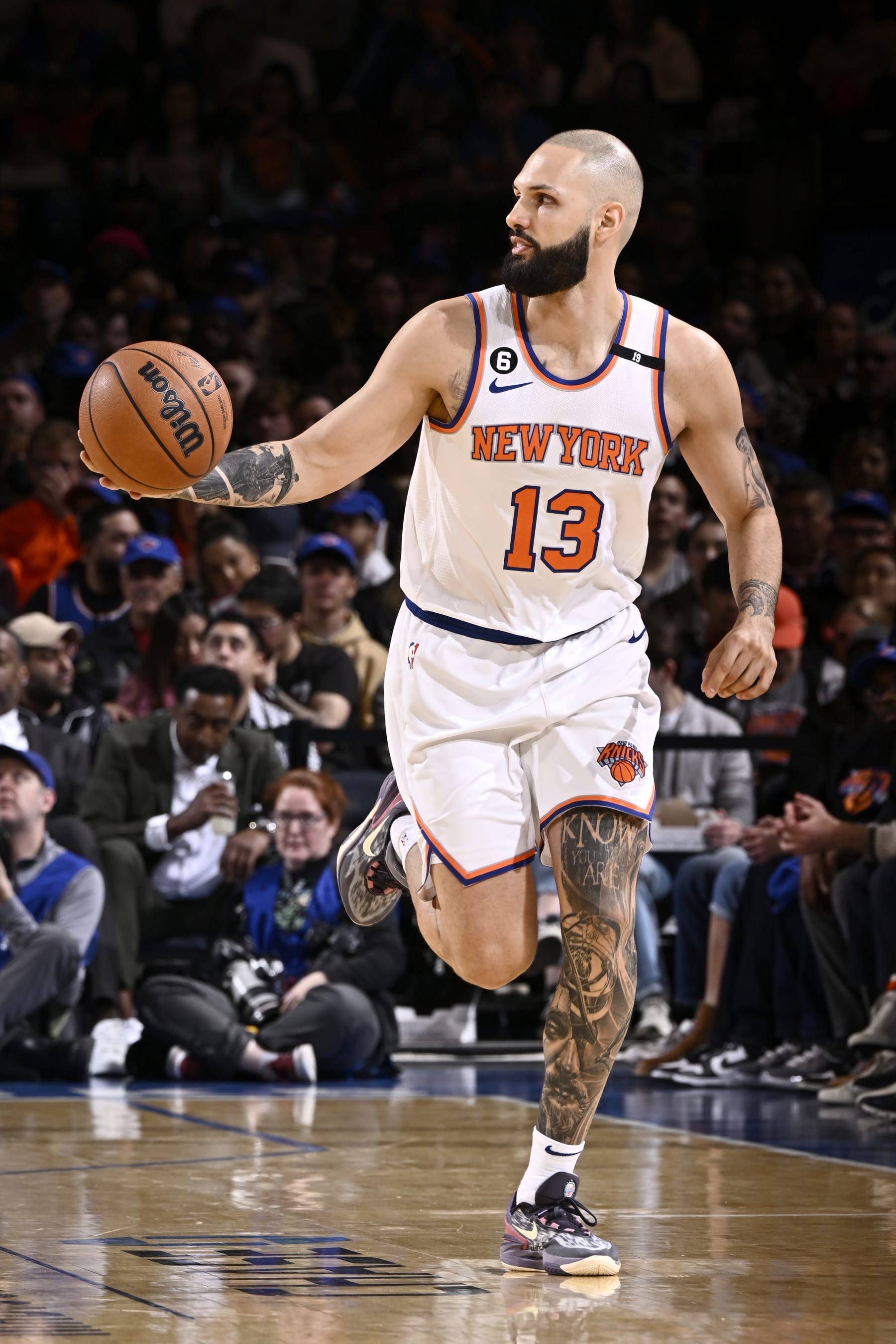 NEW YORK, NY - APRIL 9: Evan Fournier #13 of the New York Knicks dribbles the ball during the game against the Indiana Pacers on April 9, 2023 at Madison Square Garden in New York City, New York. NOTE TO USER: User expressly acknowledges and agrees that, by downloading and or using this photograph, User is consenting to the terms and conditions of the Getty Images License Agreement. Mandatory Copyright Notice: Copyright 2023 NBAE  (Photo by David Dow/NBAE via Getty Images)