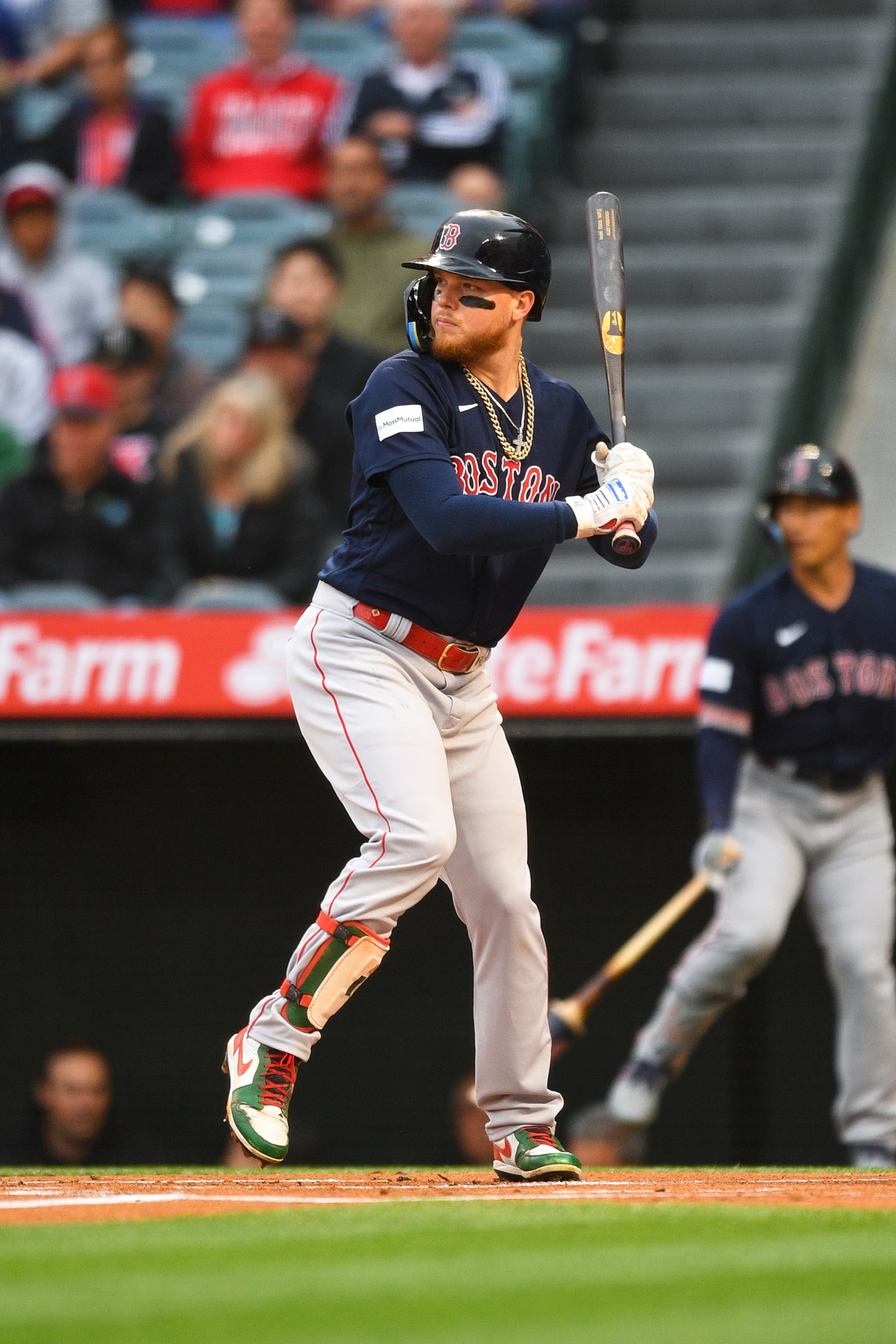 ANAHEIM, CA - MAY 23: Boston Red Sox right fielder Alex Verdugo (99) at bat during the MLB game between the Boston Red Sox and the Los Angeles Angels of Anaheim on May 23, 2023 at Angel Stadium of Anaheim in Anaheim, CA. (Photo by Brian Rothmuller/Icon Sportswire via Getty Images)