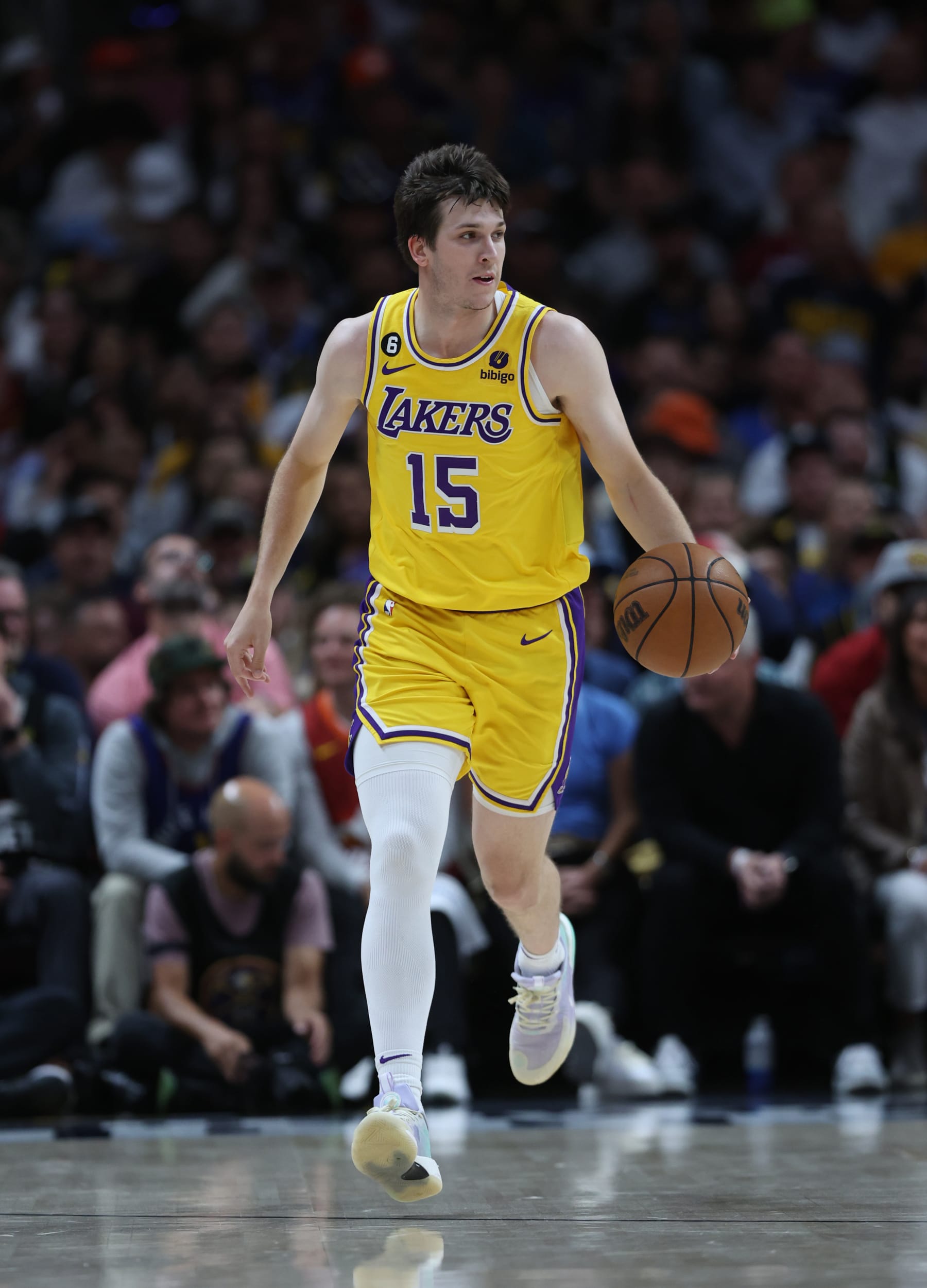 DENVER, COLORADO - MAY 18: Austin Reaves #15 of the Los Angeles Lakers dribbles during the first quarter against the Denver Nuggets in game two of the Western Conference Finals at Ball Arena on May 18, 2023 in Denver, Colorado. NOTE TO USER: User expressly acknowledges and agrees that, by downloading and or using this photograph, User is consenting to the terms and conditions of the Getty Images License Agreement. (Photo by Matthew Stockman/Getty Images)