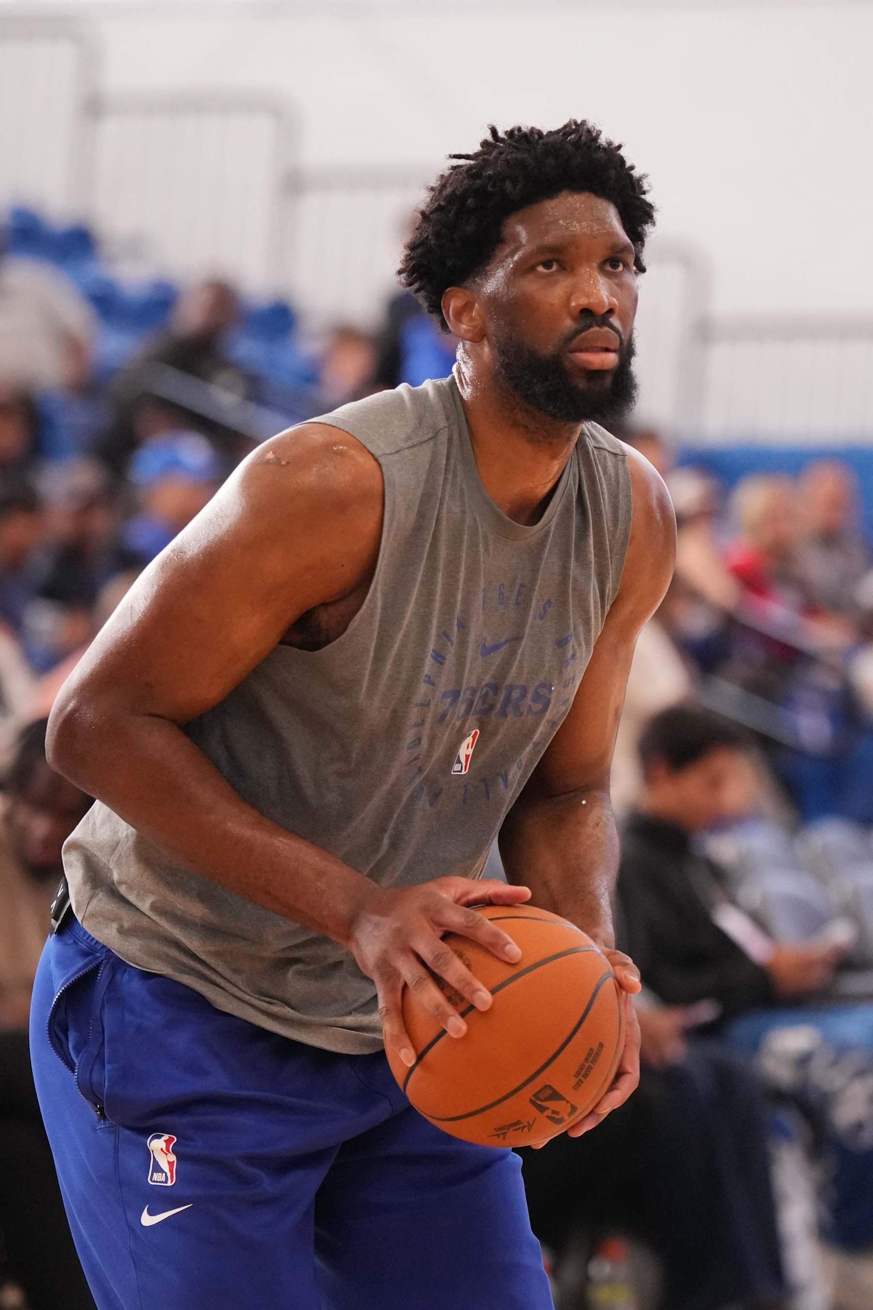 WILMINGTON, DE - OCTOBER 20: Joel Embiid #21 of the Philadelphia 76ers warms up during an open practice on October 20, 2024 at Chase Fieldhouse in Wilmington, Delaware. NOTE TO USER: User expressly acknowledges and agrees that, by downloading and/or using this Photograph, user is consenting to the terms and conditions of the Getty Images License Agreement. Mandatory Copyright Notice: Copyright 2024 NBAE (Photo byJesse D. Garrabranty/NBAE via Getty Images)