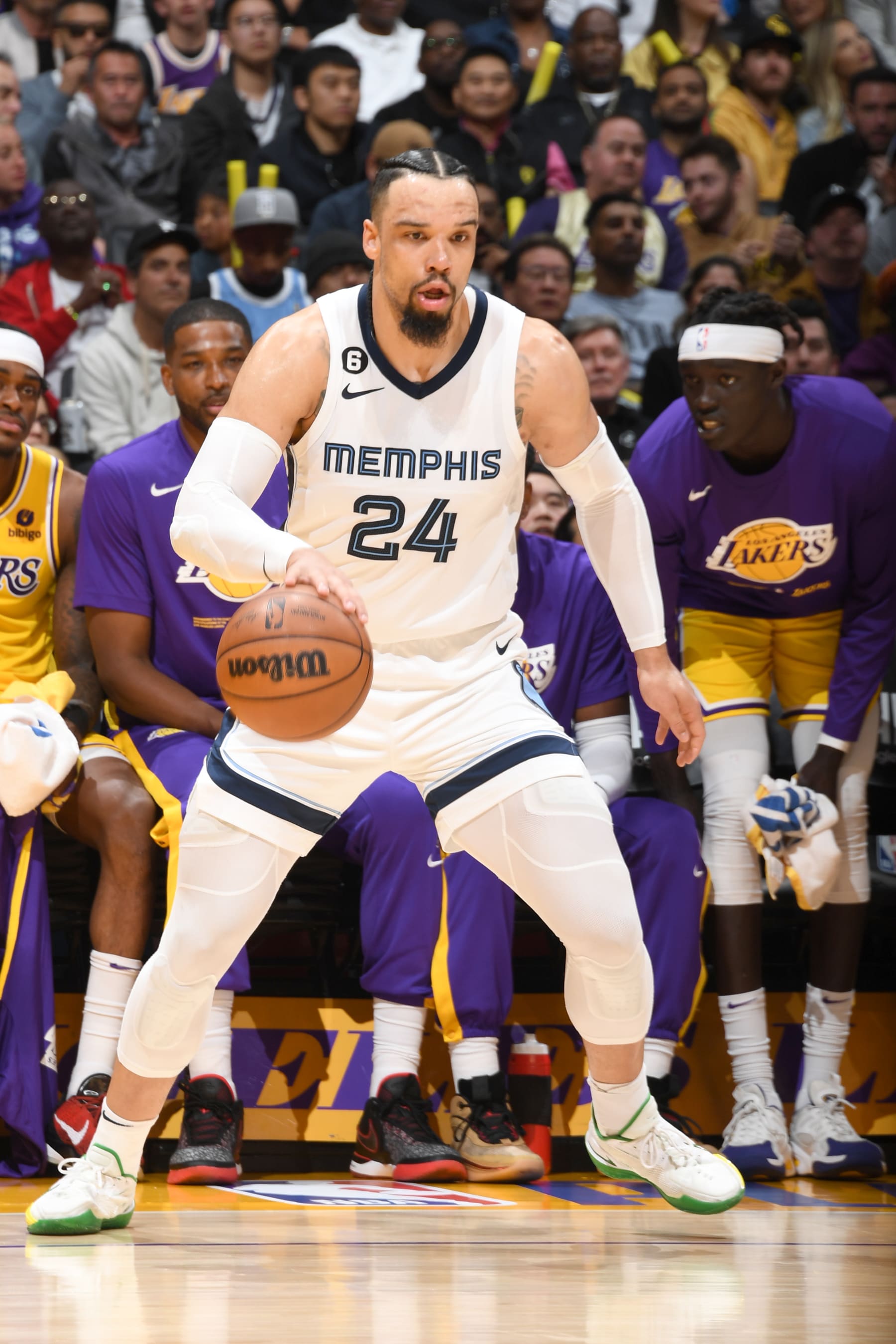 LOS ANGELES, CA - APRIL 28: Dillon Brooks #24 of the Memphis Grizzlies moves the ball during Round 1 Game 6 of the 2023 NBA Playoffs on April 28, 2023 at Crypto.Com Arena in Los Angeles, California. NOTE TO USER: User expressly acknowledges and agrees that, by downloading and/or using this Photograph, user is consenting to the terms and conditions of the Getty Images License Agreement. Mandatory Copyright Notice: Copyright 2023 NBAE (Photo by Andrew D. Bernstein/NBAE via Getty Images) LOS ANGELES, CA - APRIL 28: Dillon Brooks #24 of the Memphis Grizzlies moves the ball during Round 1 Game 6 of the 2023 NBA Playoffs on April 28, 2023 at Crypto.Com Arena in Los Angeles, California. NOTE TO USER: User expressly acknowledges and agrees that, by downloading and/or using this Photograph, user is consenting to the terms and conditions of the Getty Images License Agreement. Mandatory Copyright Notice: Copyright 2023 NBAE (Photo by Andrew D. Bernstein/NBAE via Getty Images)