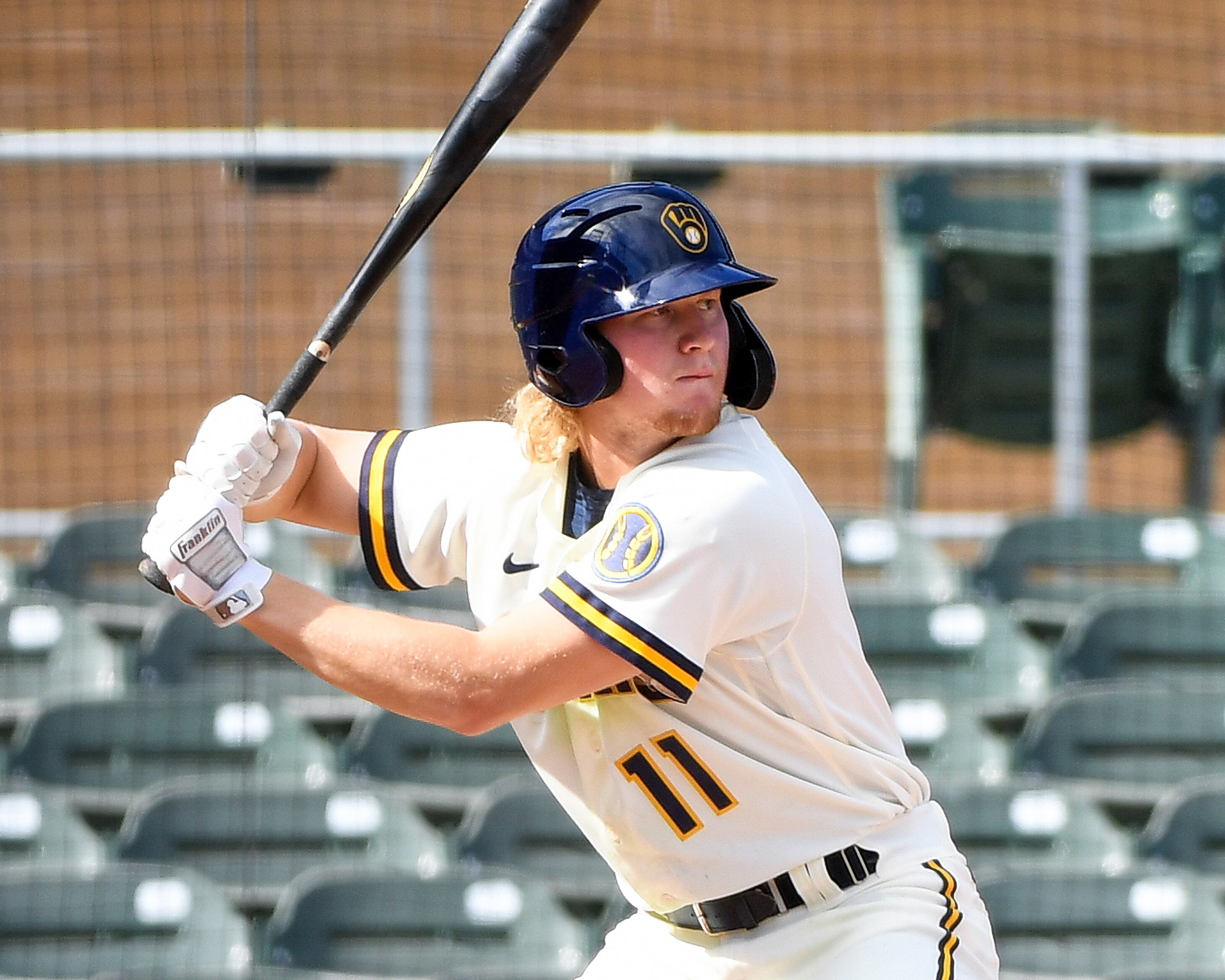 SCOTTSDALE, AZ - OCTOBER 20: Joey Wiemer #11 of the Salt River Rafters bats during the game between the Surprise Saguaros and the Salt River Rafters at Salt River Fields at Talking Stick on Wednesday, October 20, 2021 in Scottsdale, Arizona. (Photo by Jill Weisleder/MLB Photos via Getty Images)