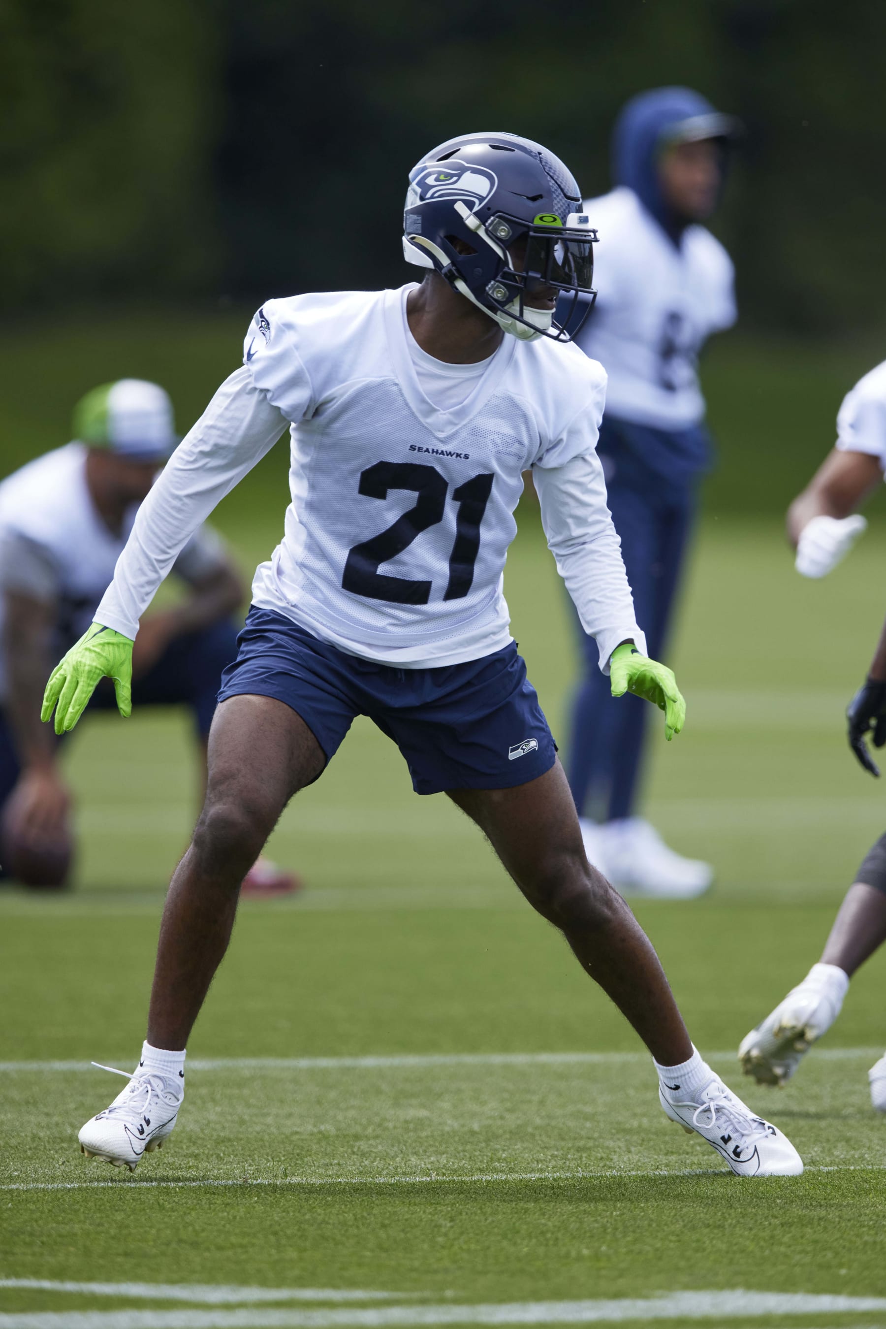 Seattle Seahawks cornerback Devon Witherspoon runs through drills Wednesday, June 7, 2023, at the NFL team's facilities in Renton, Wash. (AP Photo/John Froschauer)