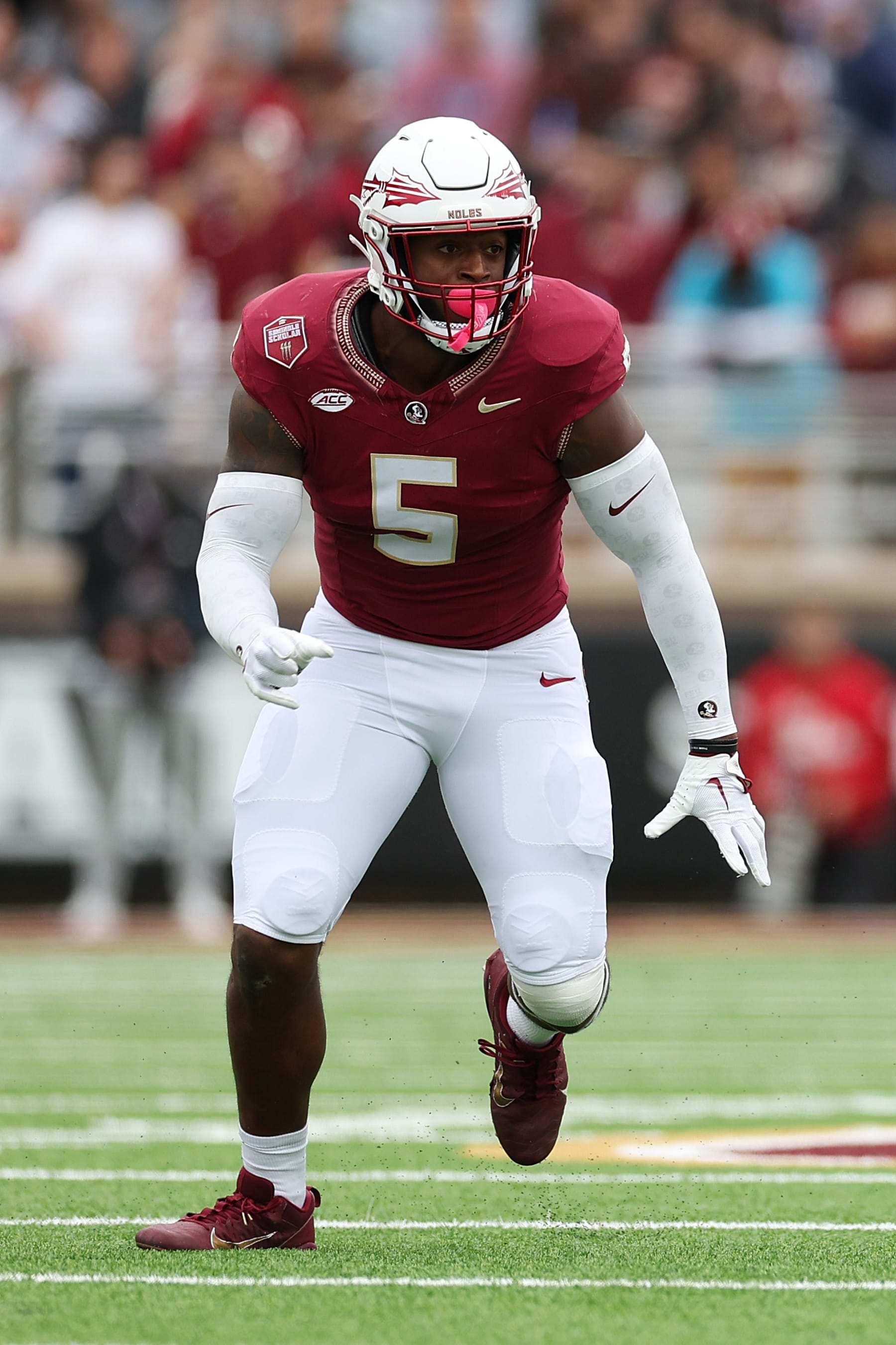 CHESTNUT HILL, MASSACHUSETTS - SEPTEMBER 16: Jared Verse #5 of the Florida State Seminoles lines up during the first half of the game between the Florida State Seminoles and the Boston College Eagles at Alumni Stadium on September 16, 2023 in Chestnut Hill, Massachusetts. (Photo by Maddie Meyer/Getty Images)