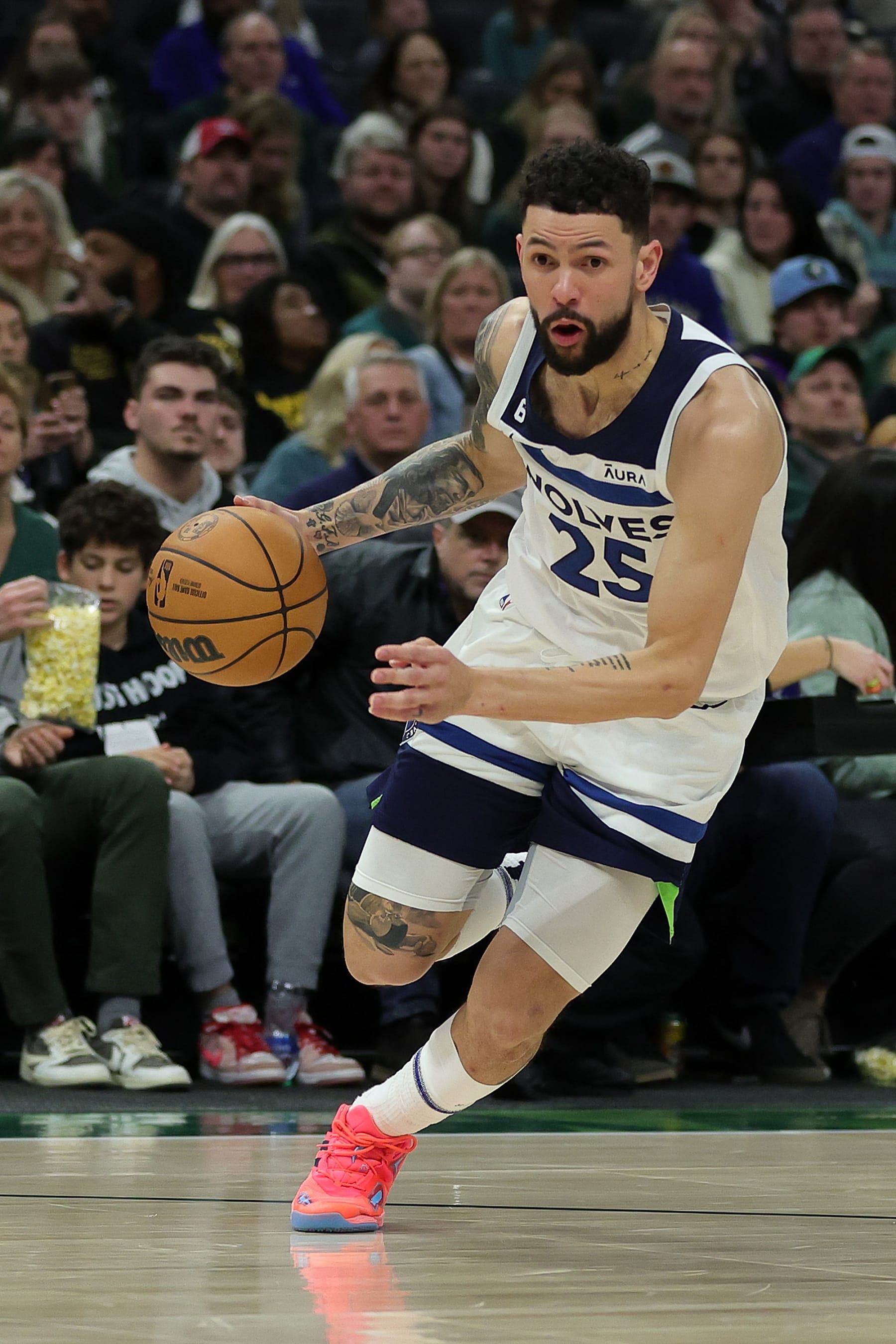 MILWAUKEE, WISCONSIN - DECEMBER 30: Austin Rivers #25 of the Minnesota Timberwolves handles the ball during a game against the Milwaukee Bucks at Fiserv Forum on December 30, 2022 in Milwaukee, Wisconsin.  NOTE TO USER: User expressly acknowledges and agrees that, by downloading and or using this photograph, User is consenting to the terms and conditions of the Getty Images License Agreement. (Photo by Stacy Revere/Getty Images)