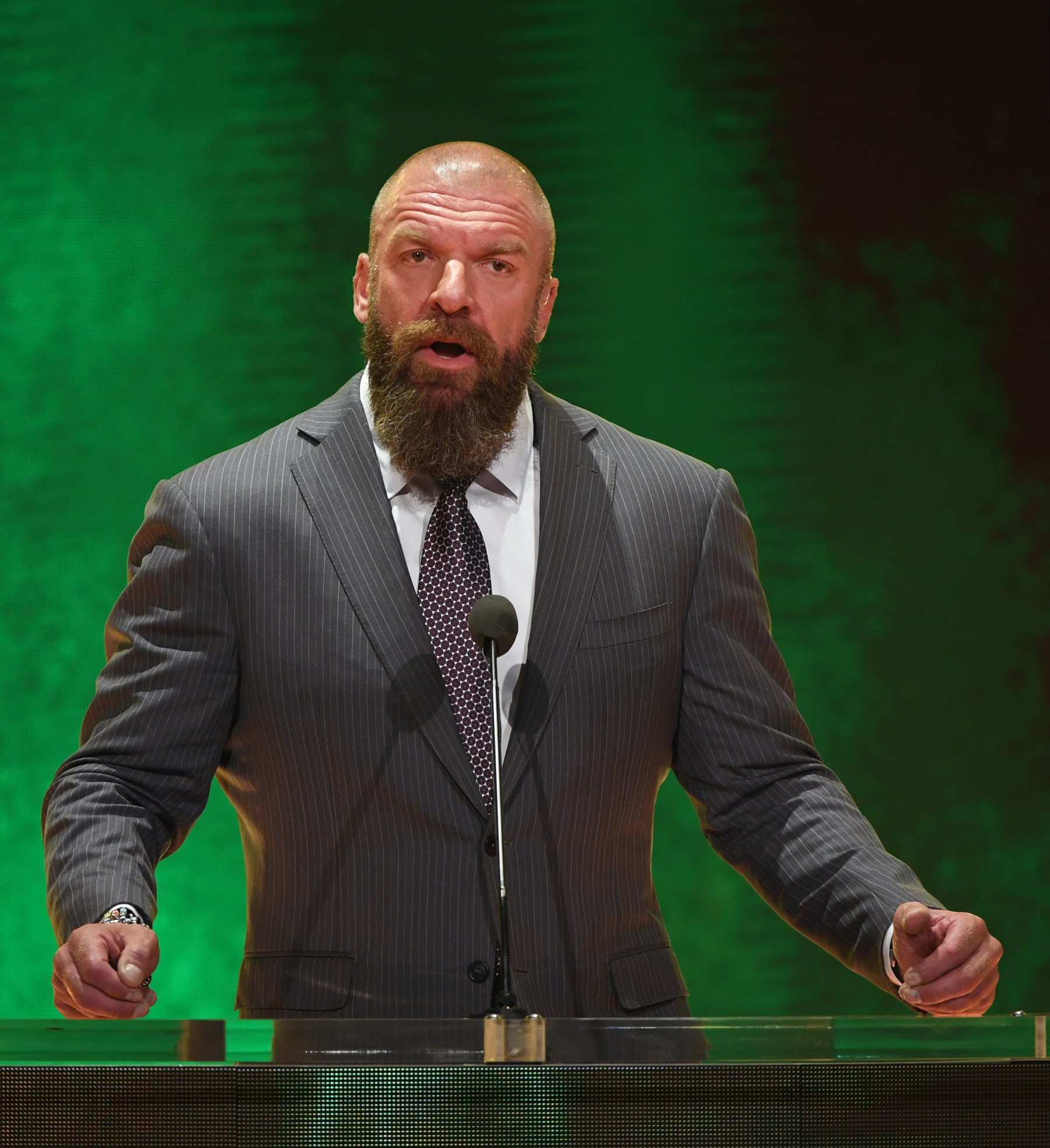 LAS VEGAS, NEVADA - OCTOBER 11:  WWE Executive Vice President of Talent, Live Events and Creative Paul "Triple H" Levesque speaks at a WWE news conference at T-Mobile Arena on October 11, 2019 in Las Vegas, Nevada. It was announced that WWE wrestler Braun Strowman will face heavyweight boxer Tyson Fury and WWE champion Brock Lesnar will take on former UFC heavyweight champion Cain Velasquez at the WWE's Crown Jewel event at Fahd International Stadium in Riyadh, Saudi Arabia on October 31.  (Photo by Ethan Miller/Getty Images)