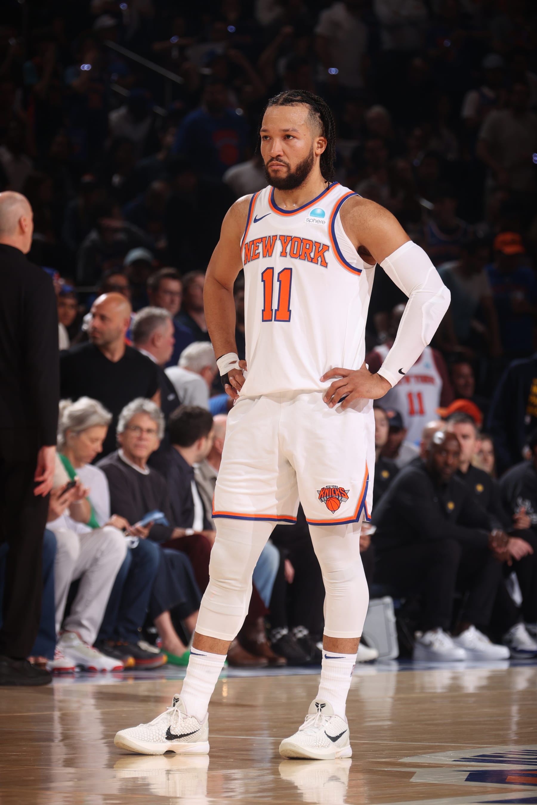 NEW YORK, NY - MAY 19: Jalen Brunson #11 of the New York Knicks looks on during the game against the Indiana Pacers during Round 2 Game 7 of the 2024 NBA Playoffs on May 19, 2024 at Madison Square Garden in New York City, New York.  NOTE TO USER: User expressly acknowledges and agrees that, by downloading and or using this photograph, User is consenting to the terms and conditions of the Getty Images License Agreement. Mandatory Copyright Notice: Copyright 2024 NBAE  (Photo by Nathaniel S. Butler/NBAE via Getty Images)