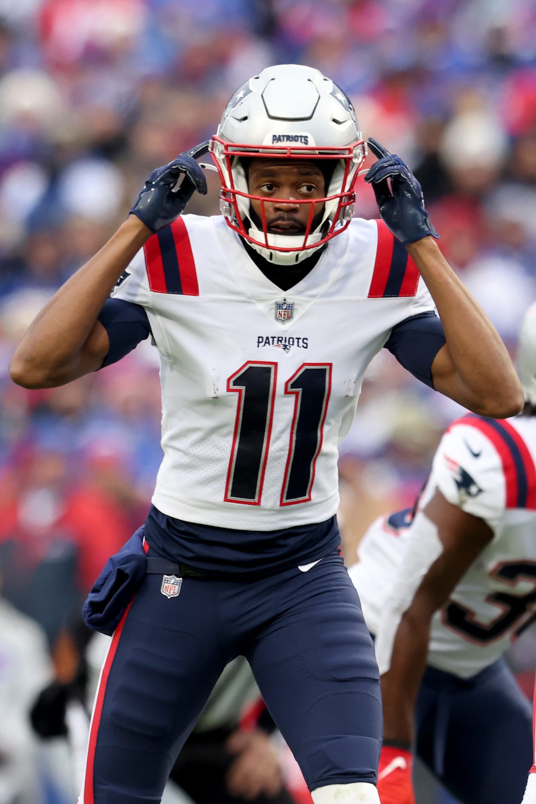 ORCHARD PARK, NEW YORK - JANUARY 08: Tyquan Thornton #11 of the New England Patriots signals during the second quarter against the Buffalo Bills at Highmark Stadium on January 08, 2023 in Orchard Park, New York. (Photo by Bryan Bennett/Getty Images) ORCHARD PARK, NEW YORK - JANUARY 08: Tyquan Thornton #11 of the New England Patriots signals during the second quarter against the Buffalo Bills at Highmark Stadium on January 08, 2023 in Orchard Park, New York. (Photo by Bryan Bennett/Getty Images)