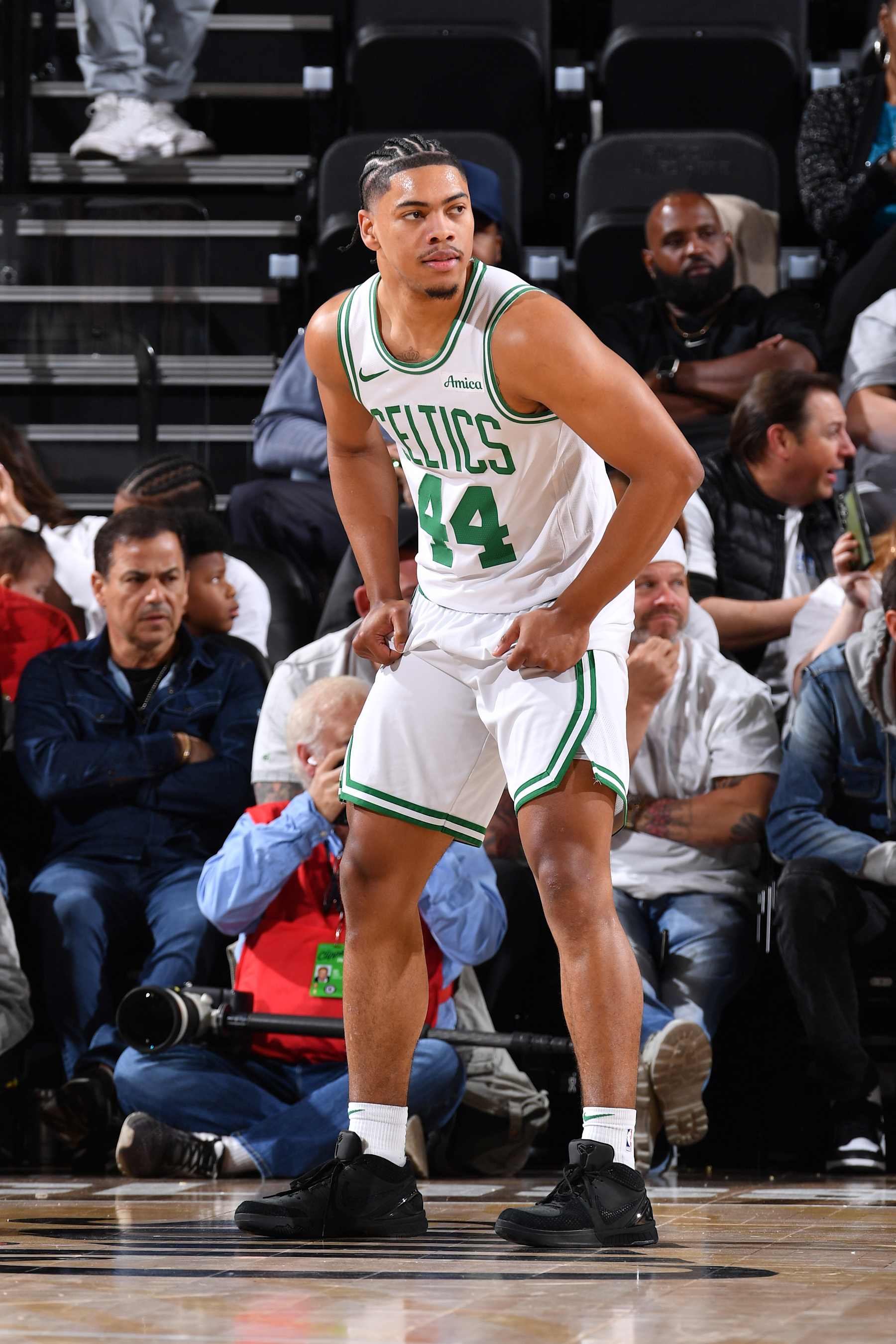 INGLEWOOD, CA - JANUARY 22:  Jaden Springer #44 of the Boston Celtics looks on during the game against the LA Clippers on January 22, 2025 at Intuit Dome in Los Angeles, California. NOTE TO USER: User expressly acknowledges and agrees that, by downloading and/or using this Photograph, user is consenting to the terms and conditions of the Getty Images License Agreement. Mandatory Copyright Notice: Copyright 2025 NBAE (Photo by Juan Ocampo/NBAE via Getty Images)