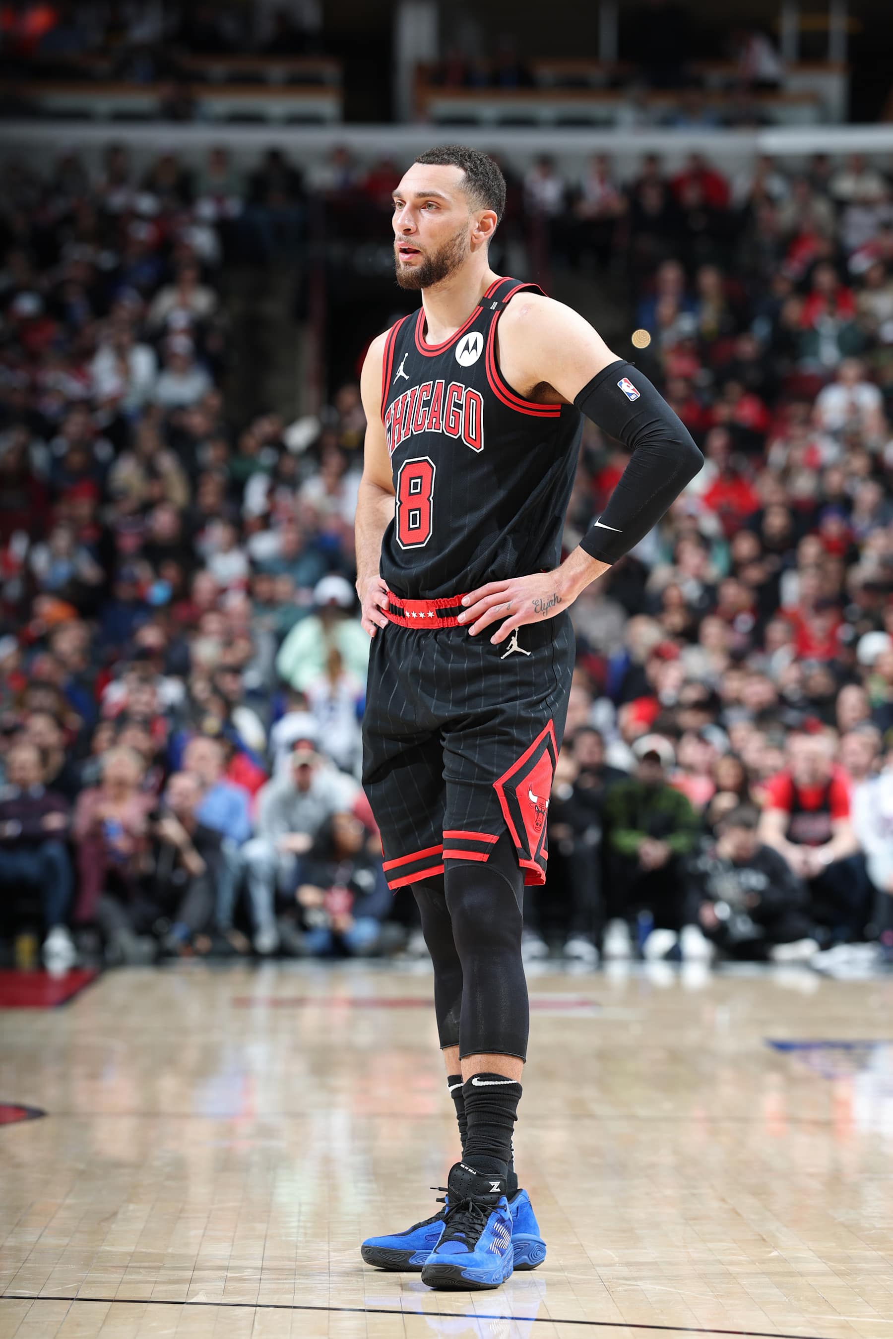 CHICAGO, IL - JANUARY 27: Zach LaVine #8 of the Chicago Bulls looks on during the game against the Denver Nuggets on January 27, 2025 at United Center in Chicago, Illinois. NOTE TO USER: User expressly acknowledges and agrees that, by downloading and or using this photograph, User is consenting to the terms and conditions of the Getty Images License Agreement. Mandatory Copyright Notice: Copyright 2025 NBAE (Photo by Jeff Haynes/NBAE via Getty Images)
