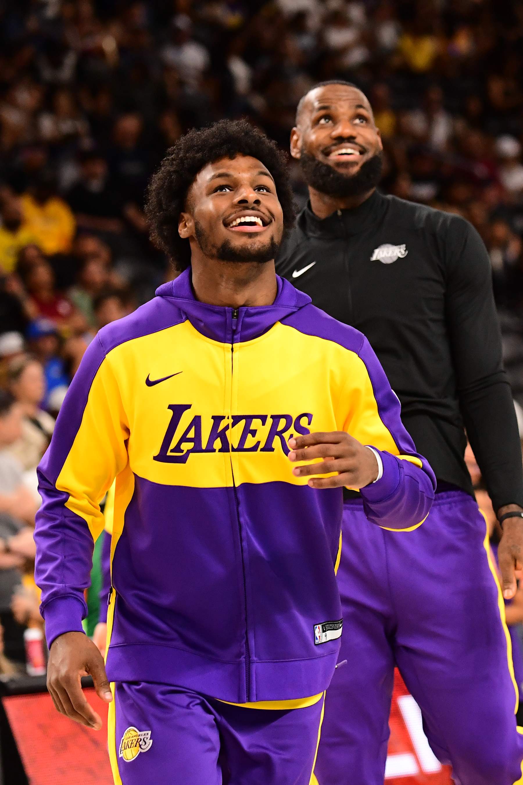 LOS ANGELES, CA - OCTOBER 6: LeBron James and Bronny James #9 of the Los Angeles Lakers warms up against the Phoenix Suns on October 6, 2024 at Acrisure Arena in Palm Springs, California. NOTE TO USER: User expressly acknowledges and agrees that, by downloading and/or using this Photograph, user is consenting to the terms and conditions of the Getty Images License Agreement. Mandatory Copyright Notice: Copyright 2024 NBAE (Photo by Adam Pantozzi/NBAE via Getty Images)