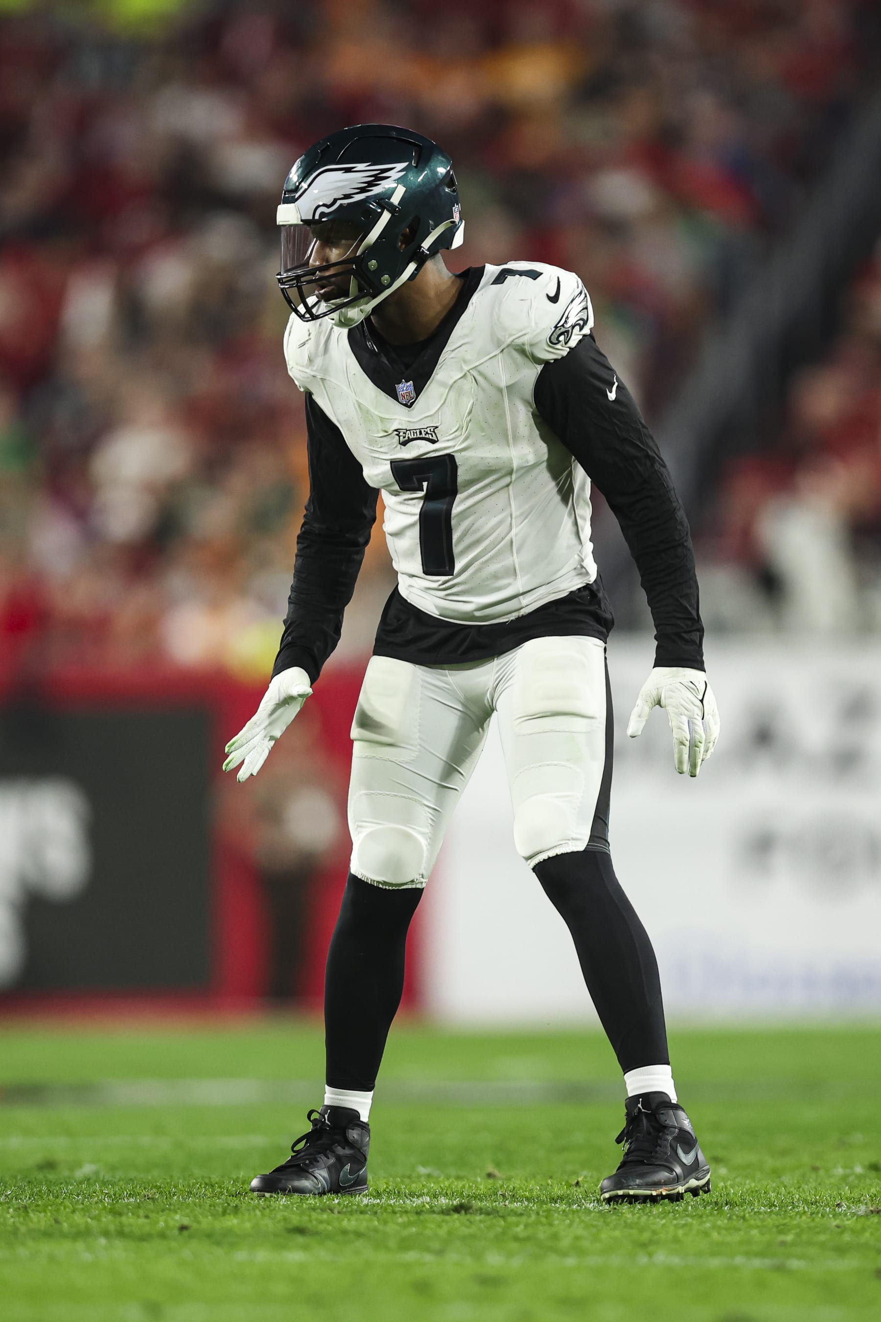 TAMPA, FL - JANUARY 15: Haason Reddick #7 of the Philadelphia Eagles looks on from the field during an NFL Wild Card playoff football game against the Tampa Bay Buccaneers at Raymond James Stadium on January 15, 2024 in Tampa, Florida. (Photo by Perry Knotts/Getty Images)
