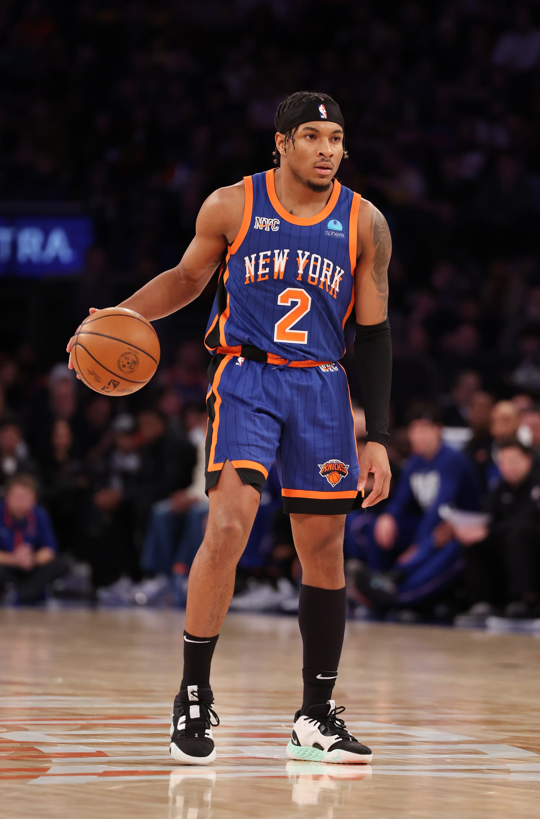 NEW YORK, NEW YORK - FEBRUARY 03:  Miles McBride #2 of the New York Knicks in action against the Los Angeles Lakers during their game at Madison Square Garden on February 03, 2024 in New York City.   User expressly acknowledges and agrees that, by downloading and or using this photograph, User is consenting to the terms and conditions of the Getty Images License Agreement.  (Photo by Al Bello/Getty Images)