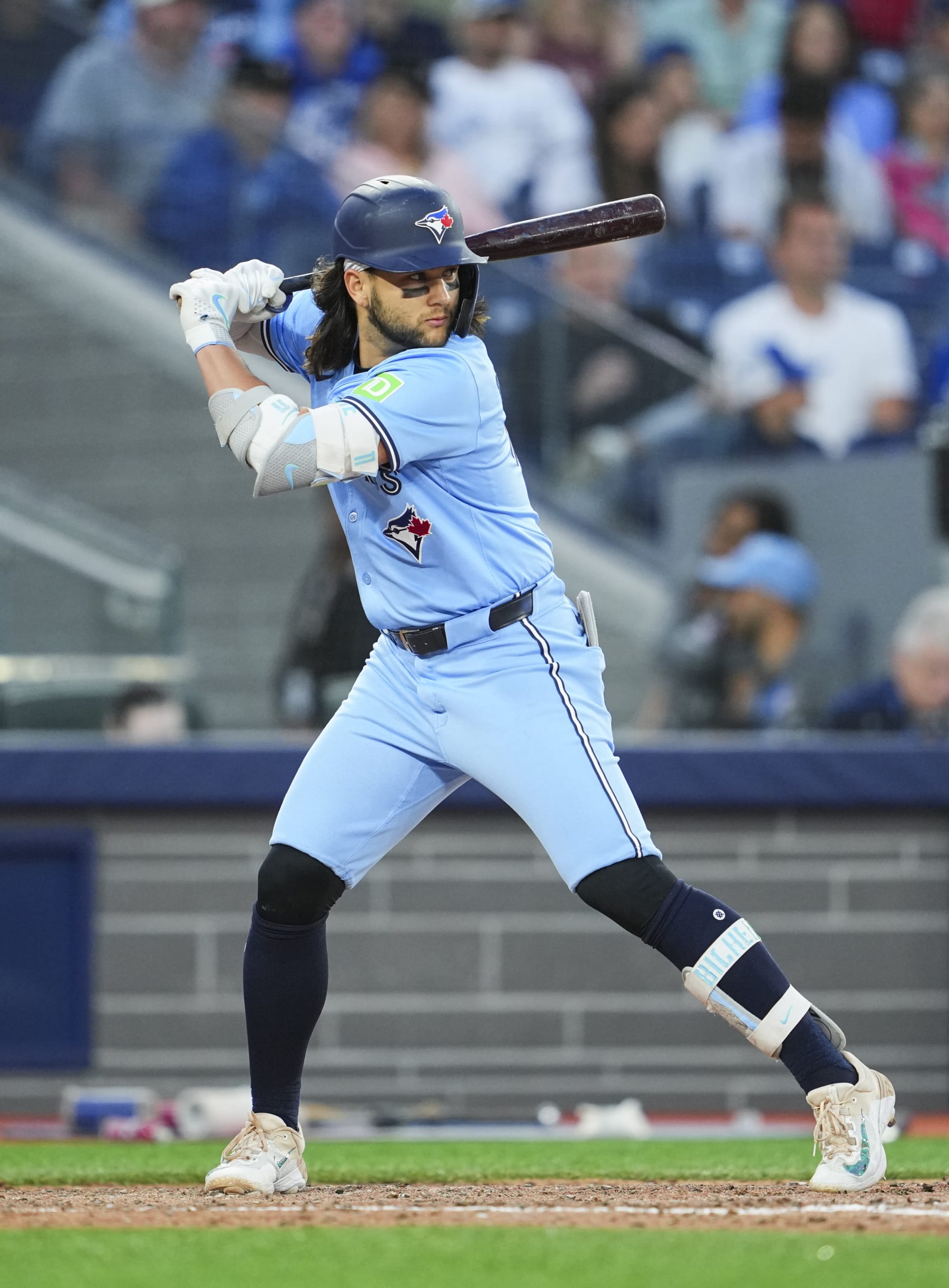 TORONTO, ON - JUNE 14: Bo Bichette #11 of Toronto Blue Jays takes an at bat against the Cleveland Guardians during the sixth inning in their MLB game at the Rogers Centre on June 14, 2024 in Toronto, Ontario, Canada. (Photo by Mark Blinch/Getty Images)