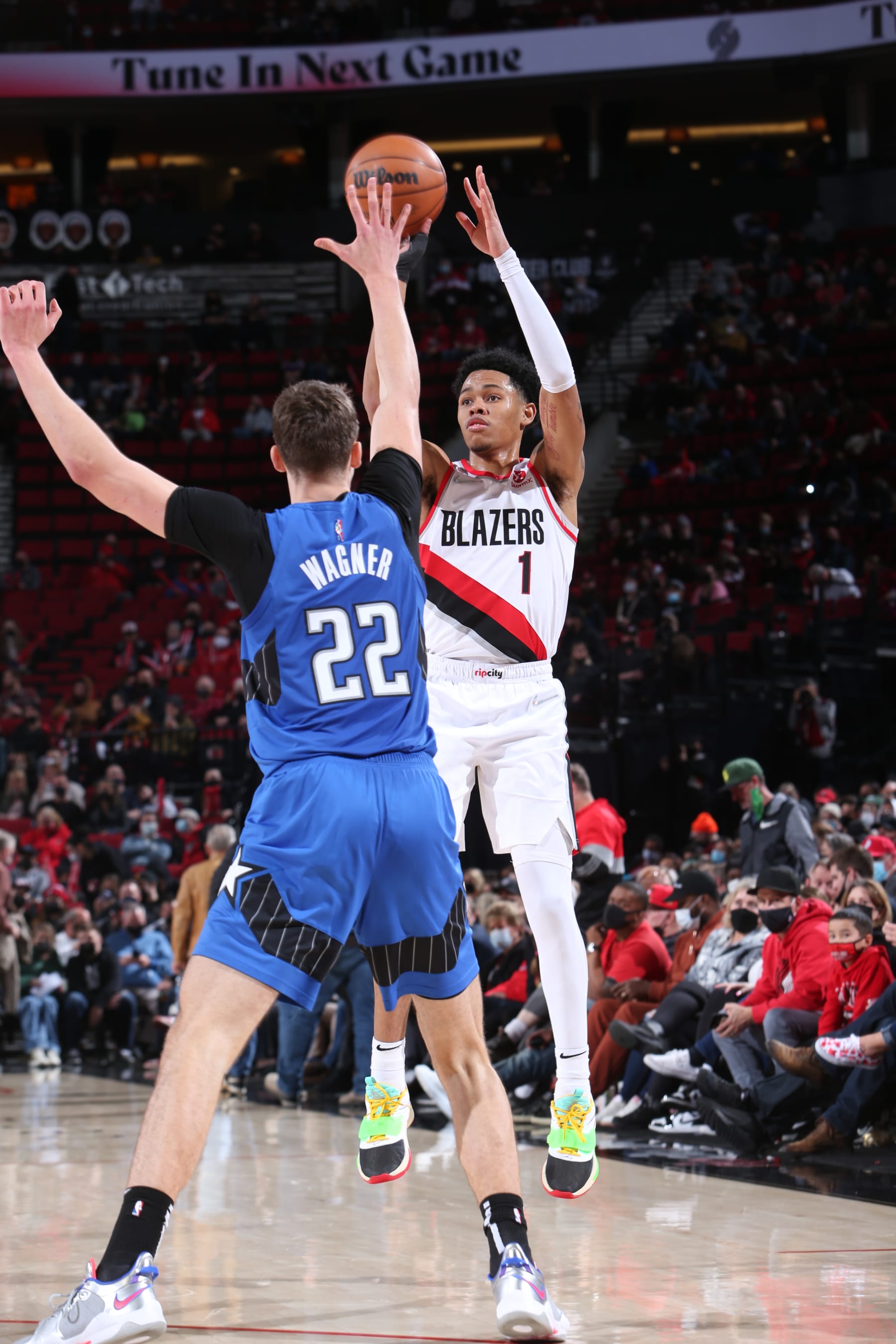 PORTLAND, OR - FEBRUARY 8:  Anfernee Simons #1 of the Portland Trail Blazers shoots the ball during the game against the Orlando Magic on February 8, 2022 at the Moda Center Arena in Portland, Oregon. NOTE TO USER: User expressly acknowledges and agrees that, by downloading and or using this photograph, user is consenting to the terms and conditions of the Getty Images License Agreement. Mandatory Copyright Notice: Copyright 2022 NBAE (Photo by Sam Forencich/NBAE via Getty Images)