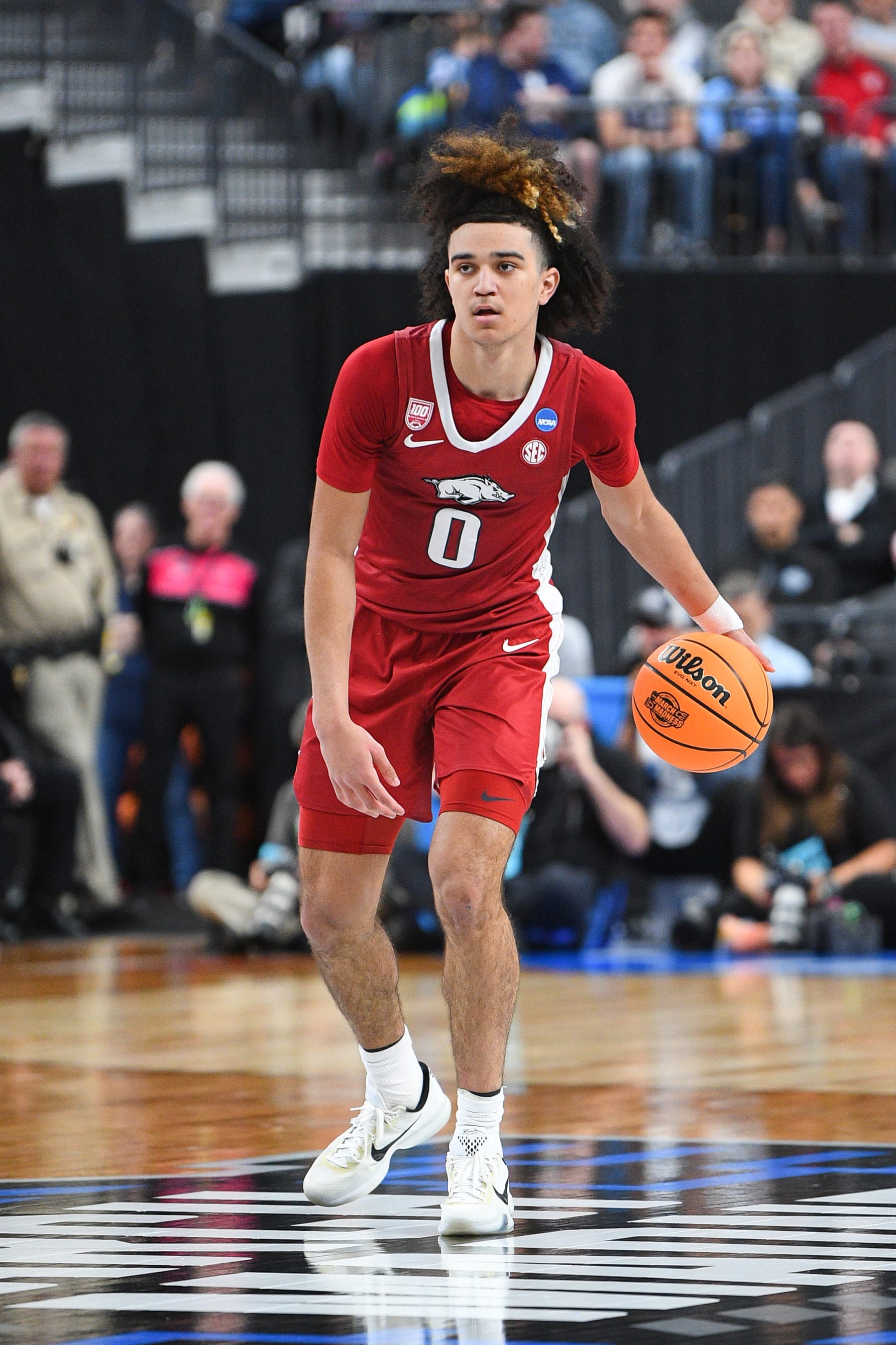 LAS VEGAS, NV - MARCH 24: Arkansas Razorbacks guard Anthony Black (0) dribbles up the court during the NCAA Division I Men's Championship Sweet Sixteen round basketball game between the Arkansas Razorbacks and the UConn Huskies on March 24, 2023 at T-Mobile Arena in Las Vegas, NV. (Photo by Brian Rothmuller/Icon Sportswire via Getty Images)