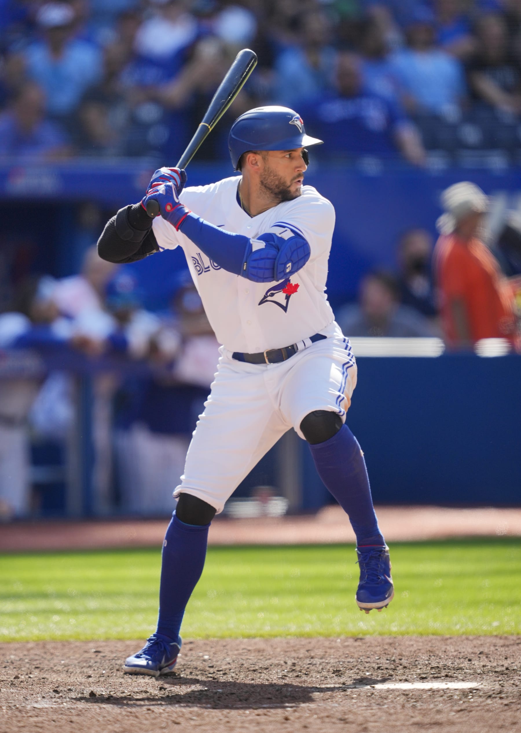 TORONTO, ON - AUGUST 28: George Springer #4 of the Toronto Blue Jays takes an at bat against the Los Angeles Angels in the ninth inning during their MLB game at the Rogers Centre on August 28, 2022 in Toronto, Ontario, Canada. (Photo by Mark Blinch/Getty Images)
