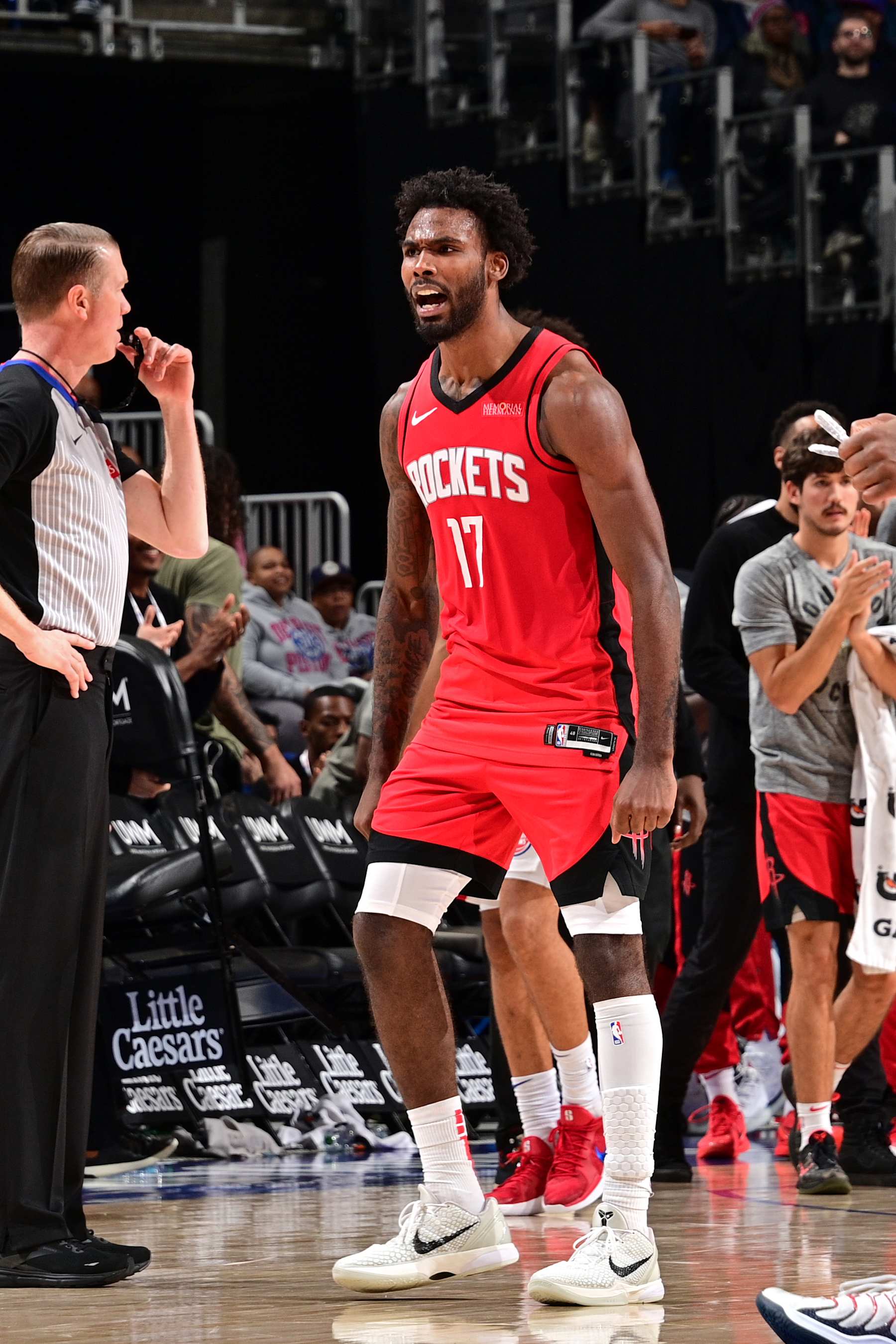 DETROIT, MI - NOVEMBER 10: Tari Eason #17 of the Houston Rockets celebrates during the game against the Detroit Pistons on November 10, 2024 at Little Caesars Arena in Detroit, Michigan. NOTE TO USER: User expressly acknowledges and agrees that, by downloading and/or using this photograph, User is consenting to the terms and conditions of the Getty Images License Agreement. Mandatory Copyright Notice: Copyright 2024 NBAE (Photo by Chris Schwegler/NBAE via Getty Images)
