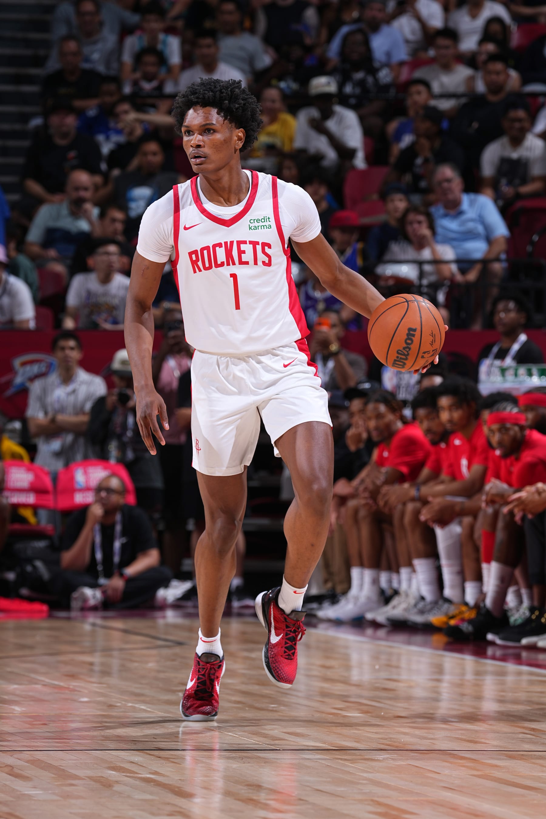 LAS VEGAS, NV - JULY 7: Amen Thompson #1 of the Houston Rockets dribbles the ball during the 2023 NBA Las Vegas Summer League on July 7, 2023 at the Thomas & Mack Center in Las Vegas, Nevada. NOTE TO USER: User expressly acknowledges and agrees that, by downloading and or using this photograph, User is consenting to the terms and conditions of the Getty Images License Agreement. Mandatory Copyright Notice: Copyright 2023 NBAE (Photo by Bart Young/NBAE via Getty Images)