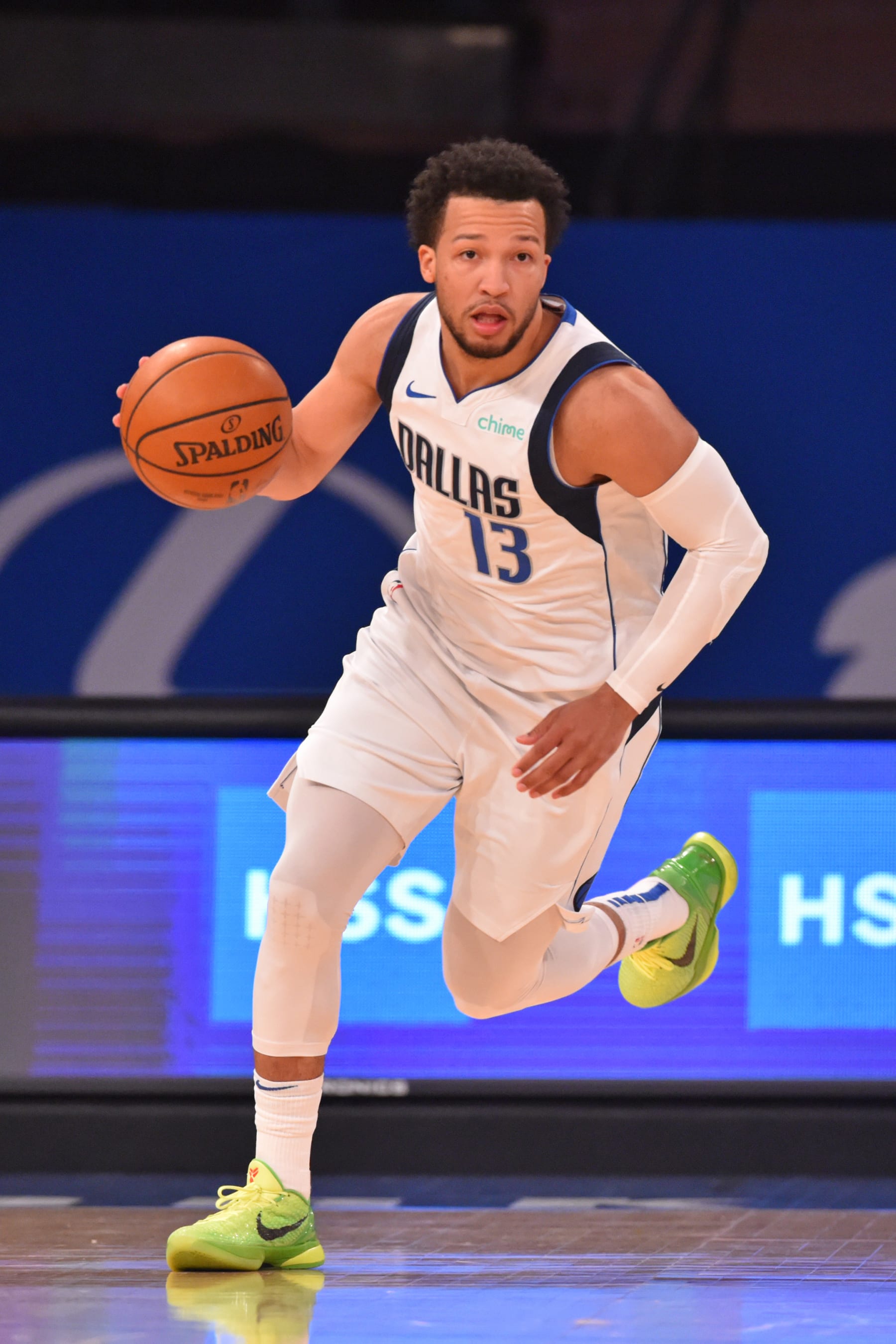 NEW YORK, NY - APRIL 2: Jalen Brunson #13 of the Dallas Mavericks handles the ball against the New York Knicks on April 2, 2021 at Madison Square Garden in New York City, New York. NOTE TO USER: User expressly acknowledges and agrees that, by downloading and/or using this Photograph, user is consenting to the terms and conditions of the Getty Images License Agreement. Mandatory Copyright Notice: Copyright 2021 NBAE (Photo by Jesse D. Garrabrant/NBAE via Getty Images)