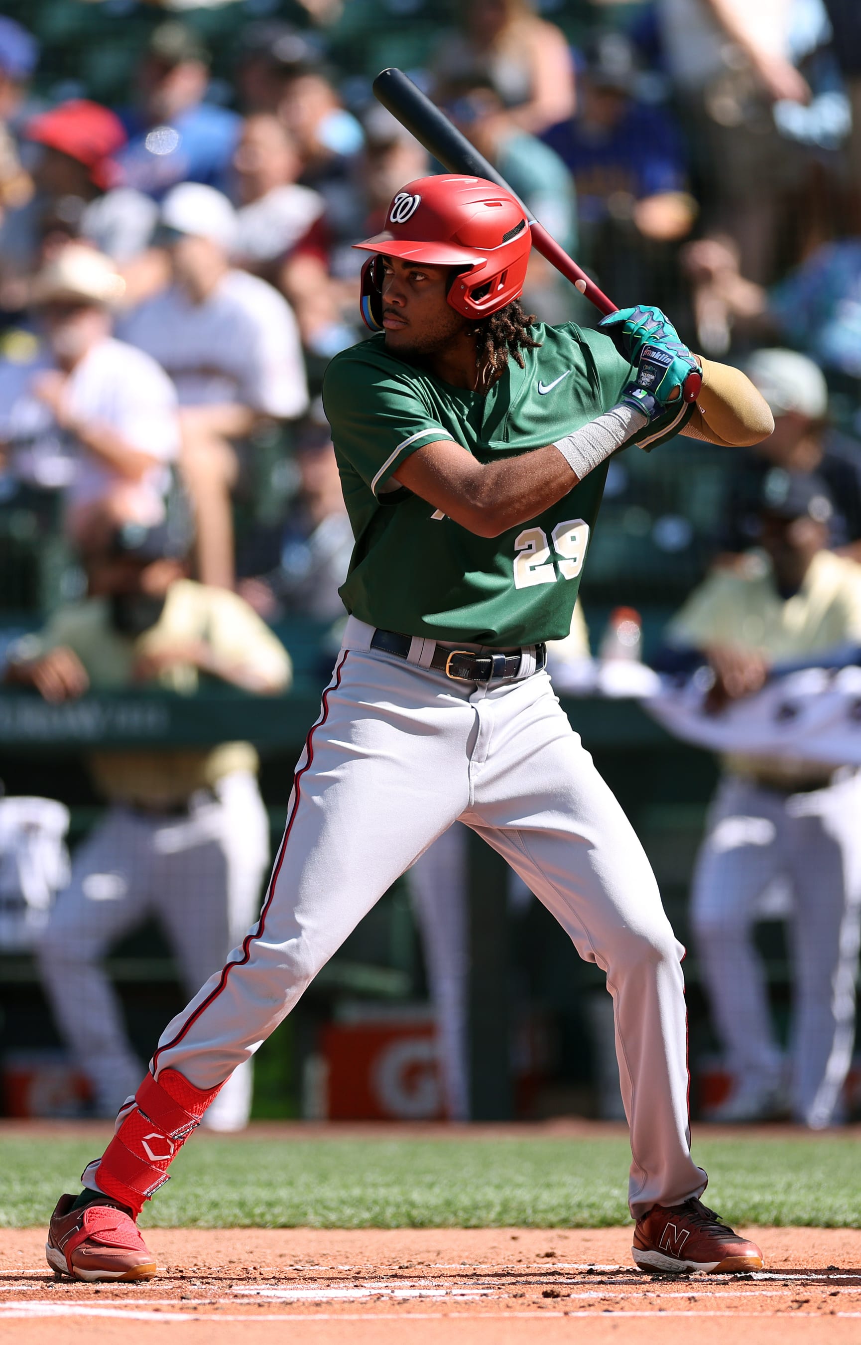 SEATTLE, WASHINGTON - JULY 08: James Wood #29 of the Washington Nationals bats during the SiriusXM All-Star Futures Game at T-Mobile Park on July 08, 2023 in Seattle, Washington. (Photo by Steph Chambers/Getty Images)