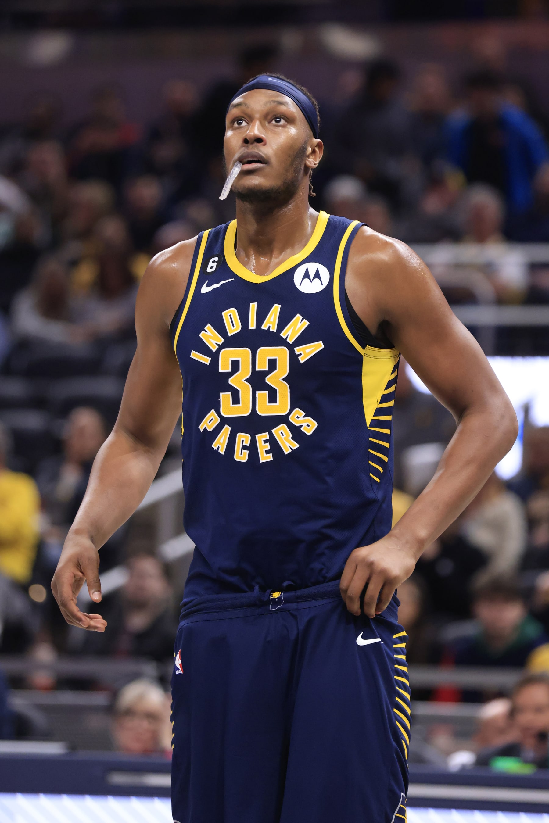 INDIANAPOLIS, INDIANA - JANUARY 02: Myles Turner #33 of the Indiana Pacers looks on in the game against the Toronto Raptors at Gainbridge Fieldhouse on January 02, 2023 in Indianapolis, Indiana. (Photo by Justin Casterline/Getty Images)