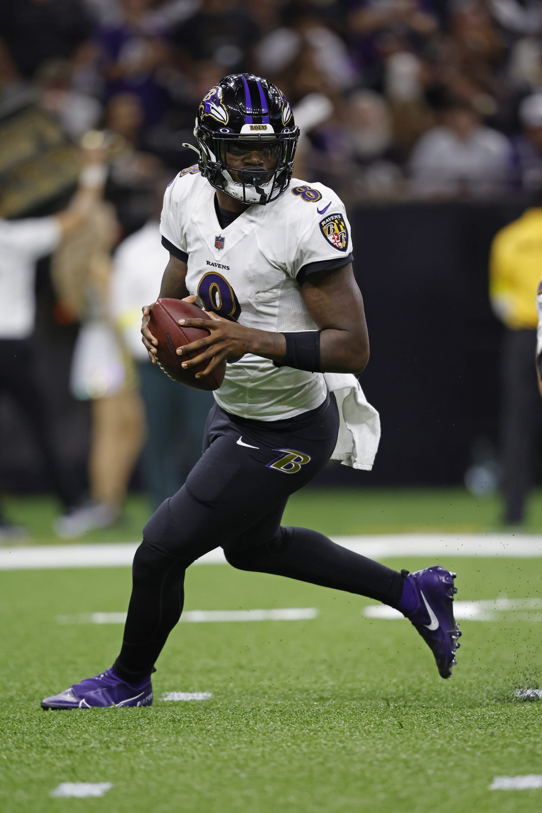 Baltimore Ravens quarterback Lamar Jackson (8) during an NFL football game against the New Orleans Saints, Monday, Nov. 7, 2022, in New Orleans. (AP Photo/Tyler Kaufman)