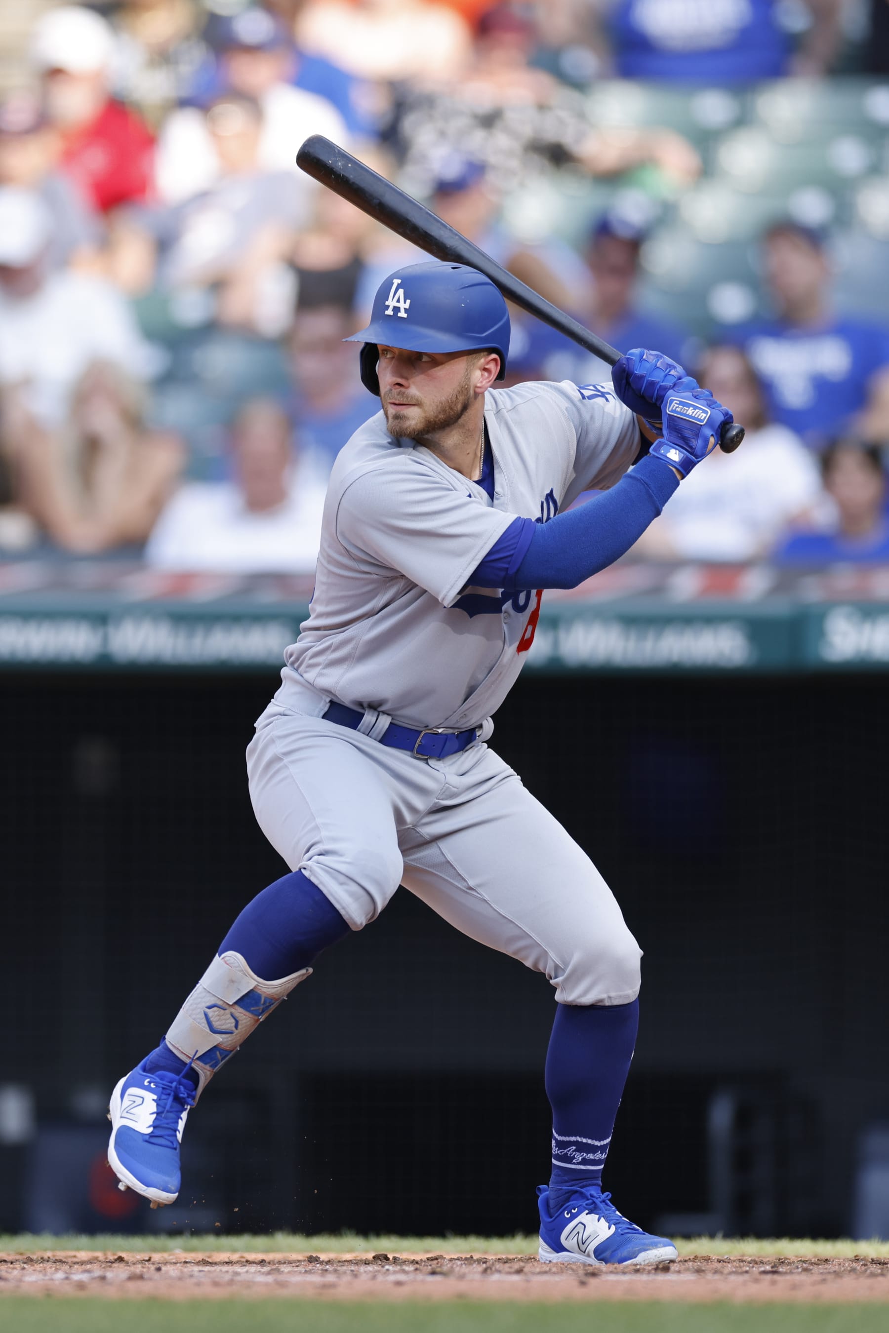 CLEVELAND, OH - AUGUST 24: Los Angeles Dodgers designated hitter Michael Busch (83) bats during game two of an MLB doubleheader against the Cleveland Guardians on August 24, 2023 at Progressive Field in Cleveland, Ohio. (Photo by Joe Robbins/Icon Sportswire via Getty Images)