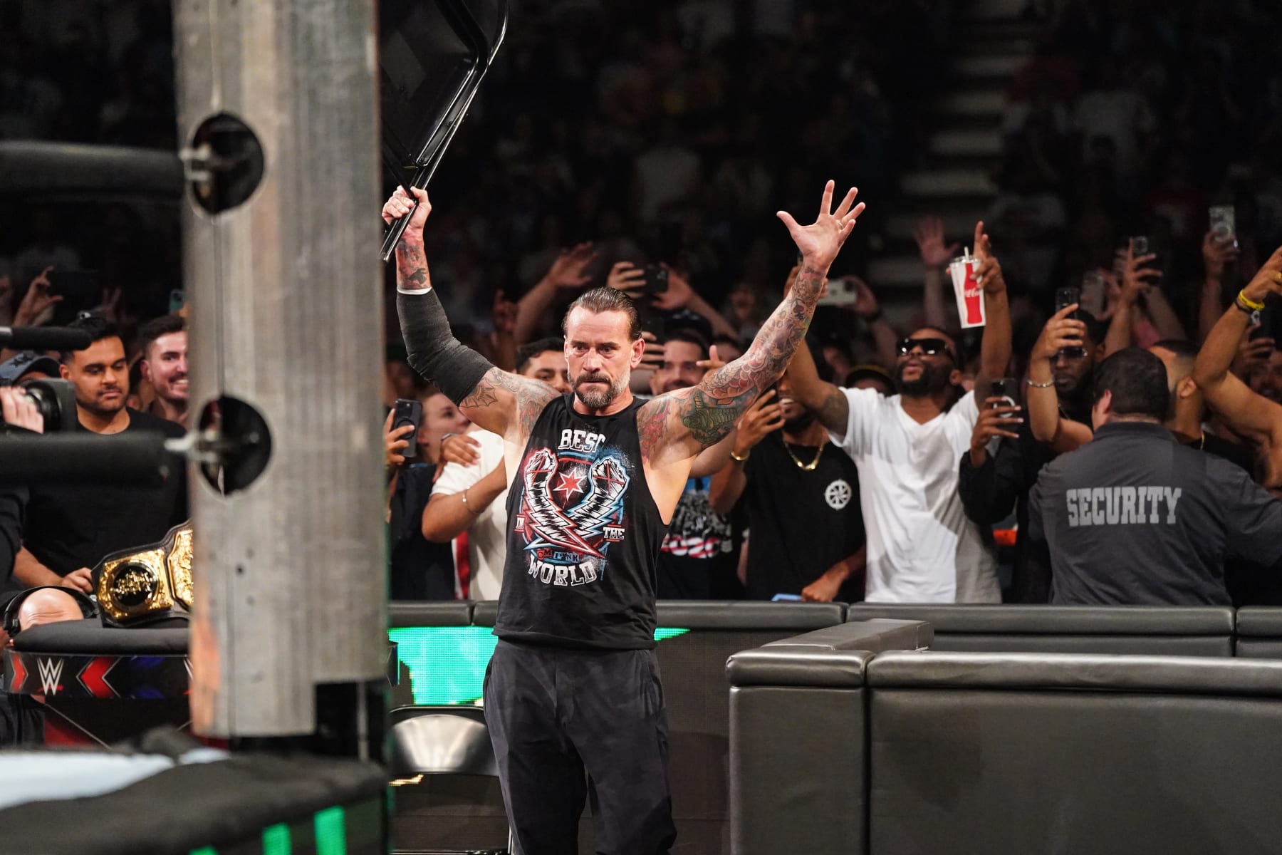 TORONTO, CANADA - JULY 6: CM Punk shows up during Money in the Bank at Scotiabank Arena on July 6, 2024 in Toronto, Ontario.  (Photo by WWE/Getty Images)