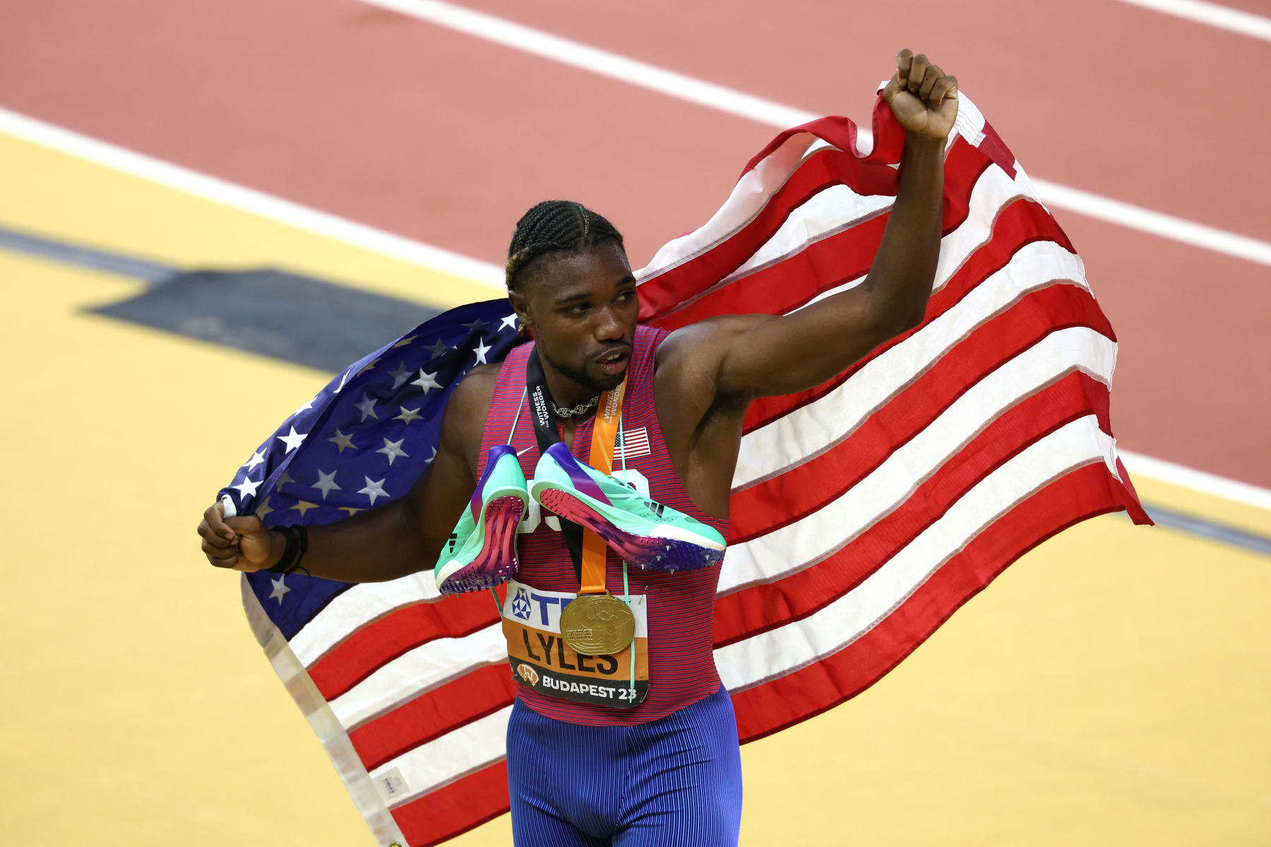 BUDAPEST, HUNGARY - AUGUST 25: Noah Lyles of Team United States celebrates winning the Men's 200m Final during day seven of the World Athletics Championships Budapest 2023 at National Athletics Centre on August 25, 2023 in Budapest, Hungary. (Photo by Patrick Smith/Getty Images)