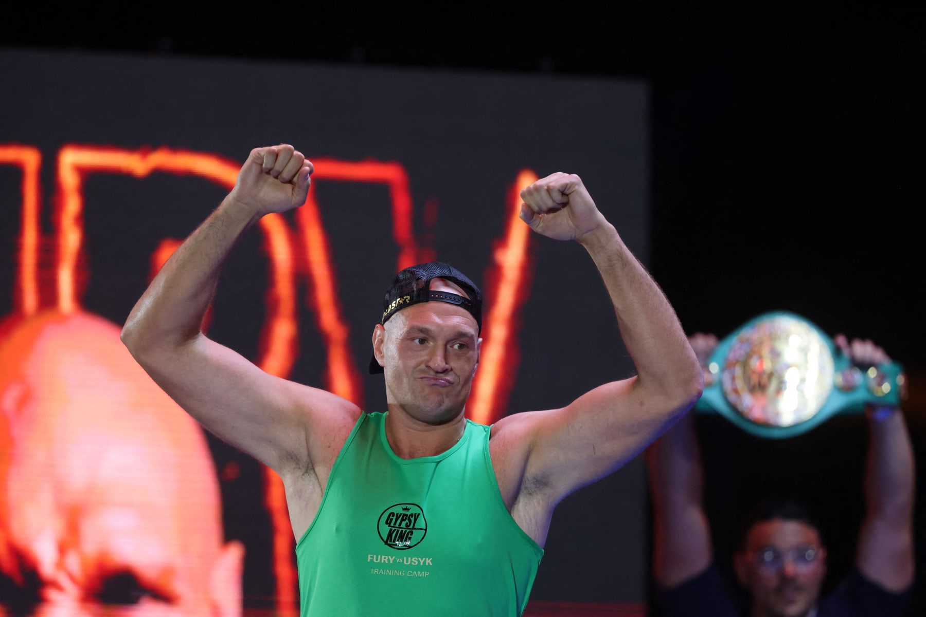 British boxer Tyson Fury reacts as he trains in Riyadh on May 15, 2024 ahead of his heavyweight world title figh against Ukrainian Oleksandr Usyk on May 18. (Photo by Fayez Nureldine / AFP) (Photo by FAYEZ NURELDINE/AFP via Getty Images)