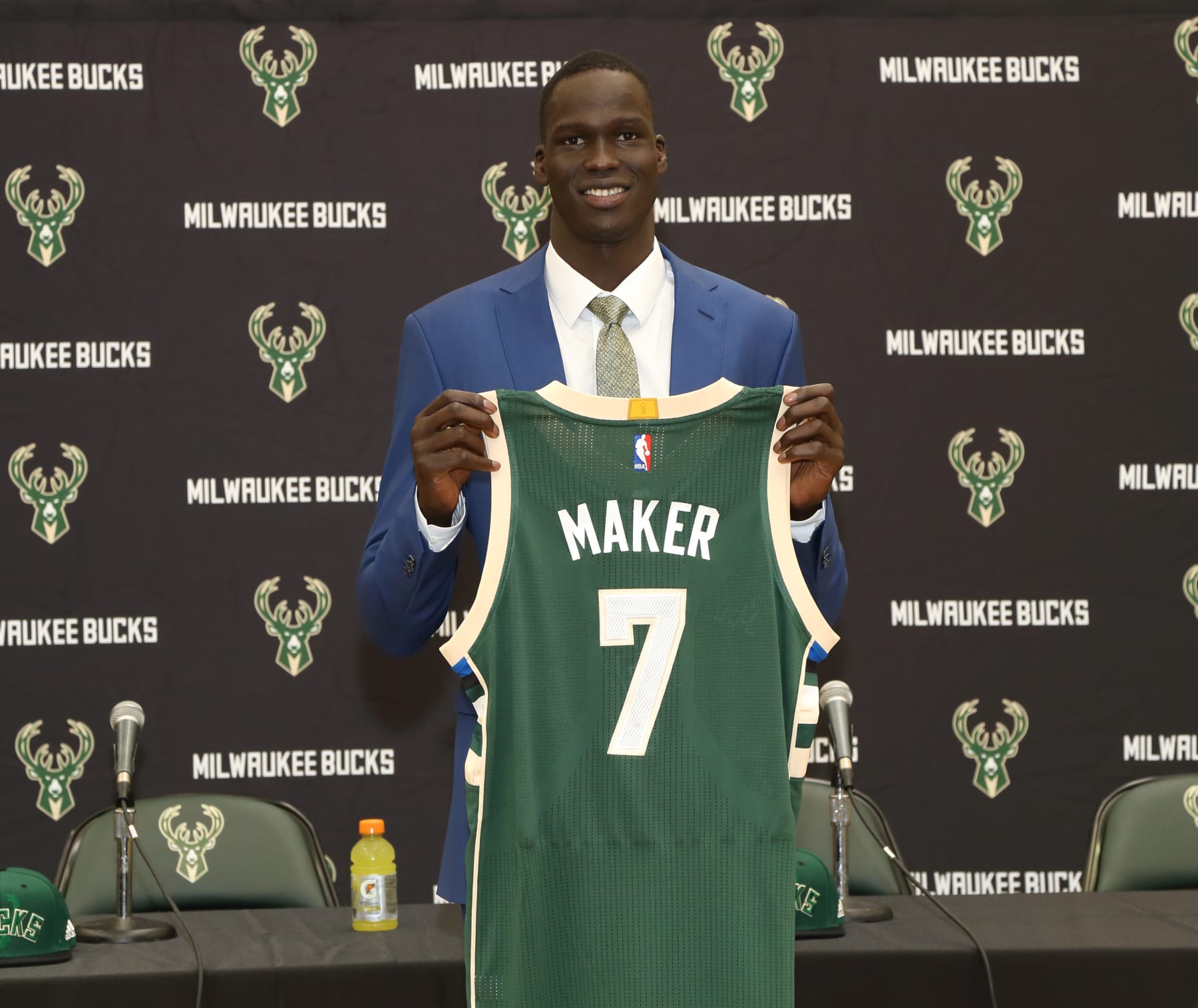 ST. FRANCIS, WI - JUNE 24: Milwaukee Bucks draft pick Thon Maker participates in a press conference at the Orthopaedic Hospital of Wisconsin Training Center on June 24, 2016  in St. Francis, Wisconsin. NOTE TO USER:  User expressly acknowledges and agrees that, by downloading and or using this Photograph, user is consenting to the terms and conditions of the Getty Images License Agreement.  Mandatory Copyright Notice:  Copyright 2016 NBAE (Photo by Gary Dineen/NBAE via Getty Images)