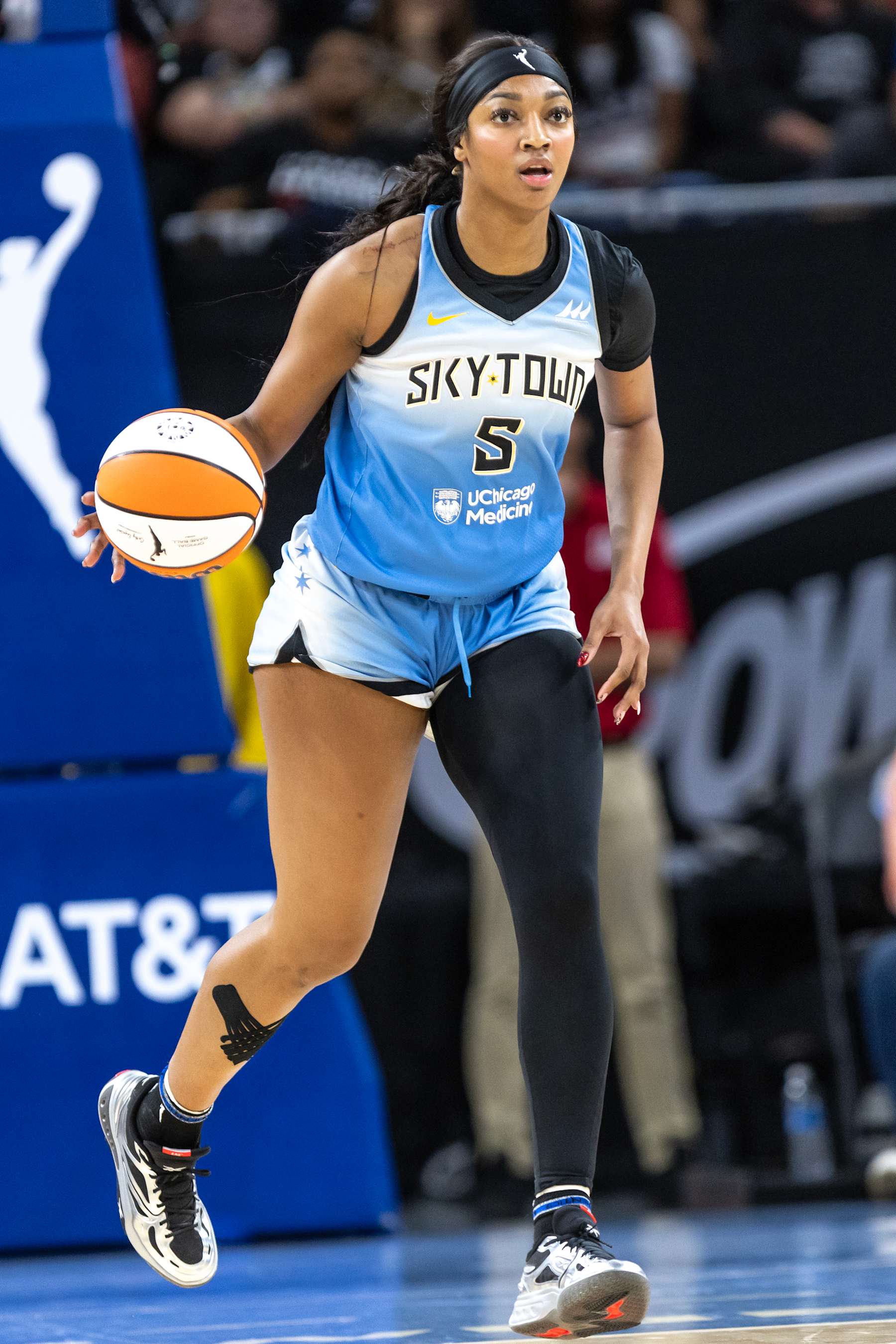 CHICAGO, ILLINOIS - SEPTEMBER 6: Angel Reese #5 of the Chicago Sky dribbles down the court against the Los Angeles Sparks during the first quarter at Wintrust Arena on September 6, 2024 in Chicago, Illinois. NOTE TO USER: User expressly acknowledges and agrees that, by downloading and or using this photograph, User is consenting to the terms and conditions of the Getty Images License Agreement. (Photo by Geoff Stellfox/Getty Images)