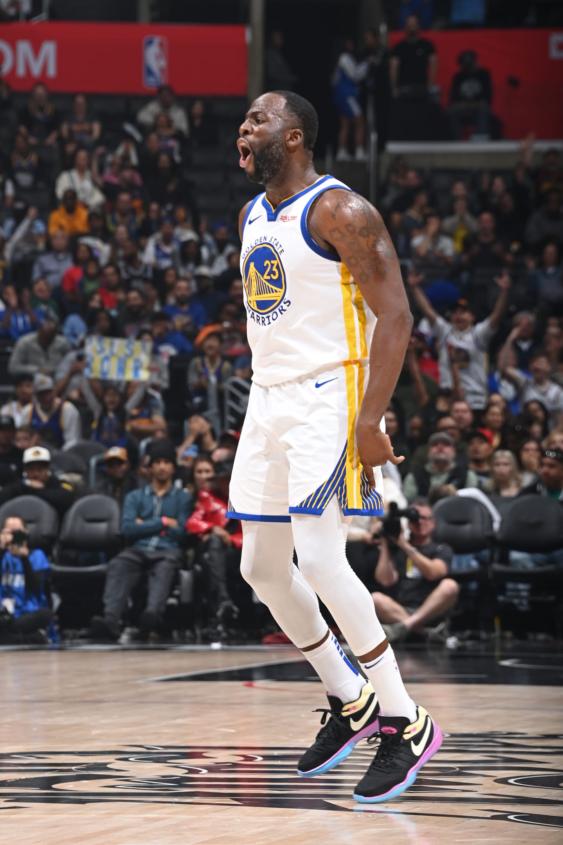 LOS ANGELES, CA - DECEMBER 2: Draymond Green #23 of the Golden State Warriors celebrates during the game against the LA Clippers on December 2, 2023 at Crypto.Com Arena in Los Angeles, California. NOTE TO USER: User expressly acknowledges and agrees that, by downloading and/or using this Photograph, user is consenting to the terms and conditions of the Getty Images License Agreement. Mandatory Copyright Notice: Copyright 2023 NBAE (Photo by Andrew D. Bernstein/NBAE via Getty Images)