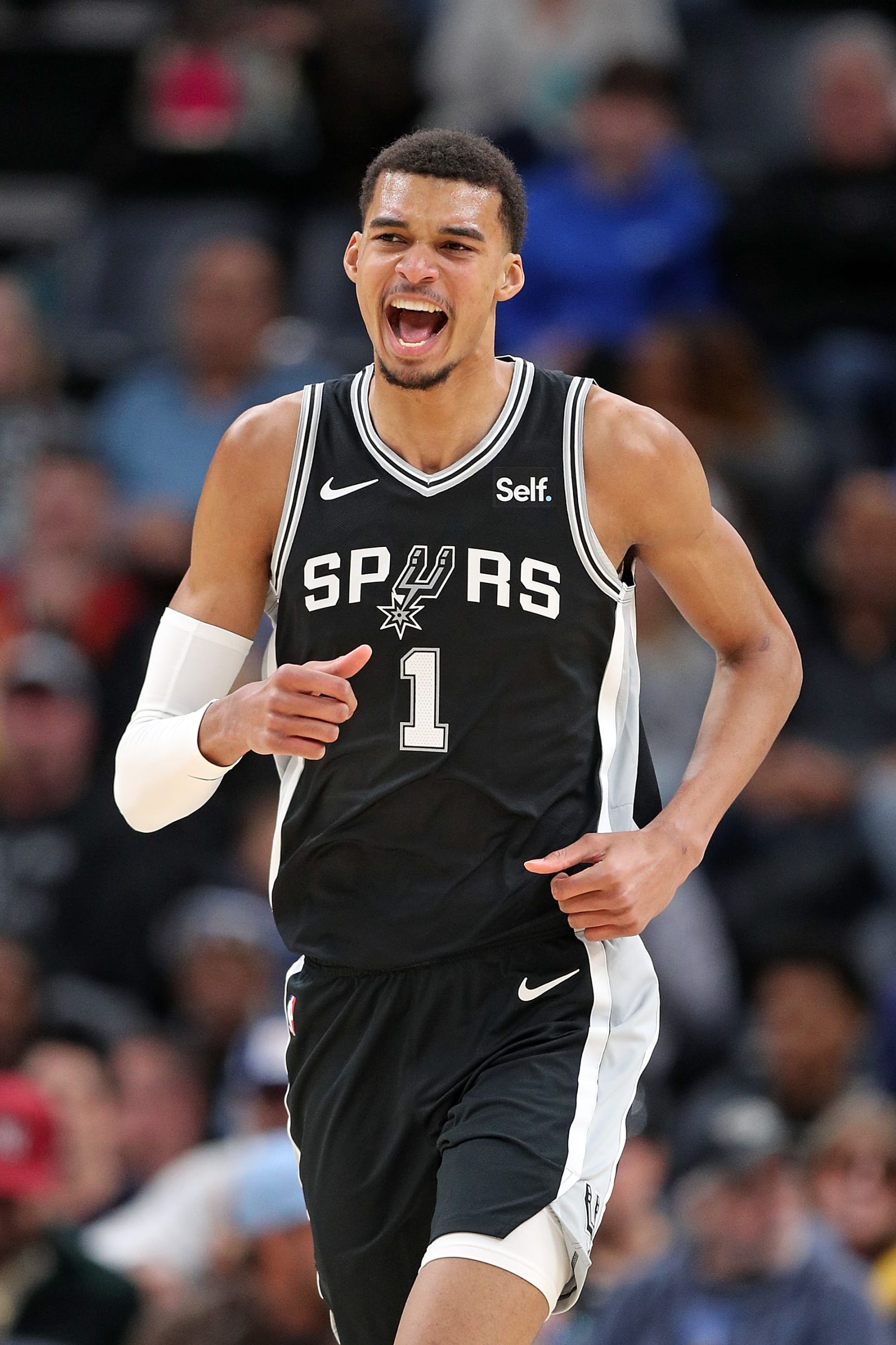 MEMPHIS, TENNESSEE - JANUARY 02: Victor Wembanyama #1 of the San Antonio Spurs reacts during the game against the Memphis Grizzlies at FedExForum on January 02, 2024 in Memphis, Tennessee. NOTE TO USER: User expressly acknowledges and agrees that, by downloading and or using this photograph, User is consenting to the terms and conditions of the Getty Images License Agreement. (Photo by Justin Ford/Getty Images)